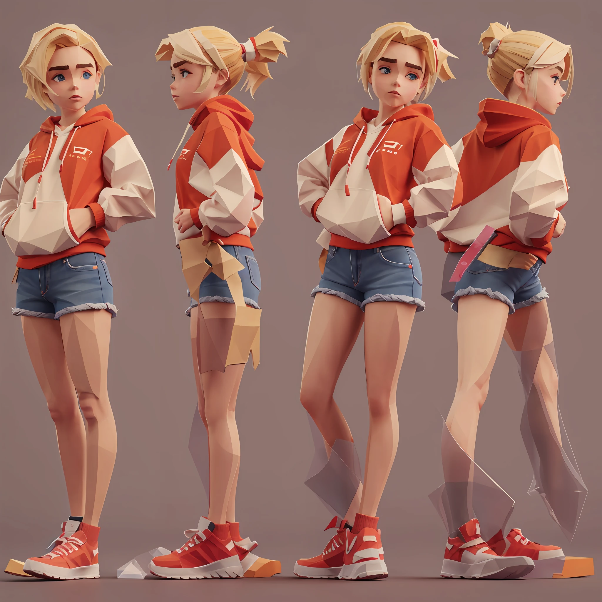 "************" girl ("Kiernan Shipka") wearing red sweatshirt and jean shorts, short pixie-style blonde hair, thick eyebrows, flushed cheeks, full body, 3d lowpoly style, low poly, ps1 game style, sharpen focus, UHD, high details, best quality, highres, 8k