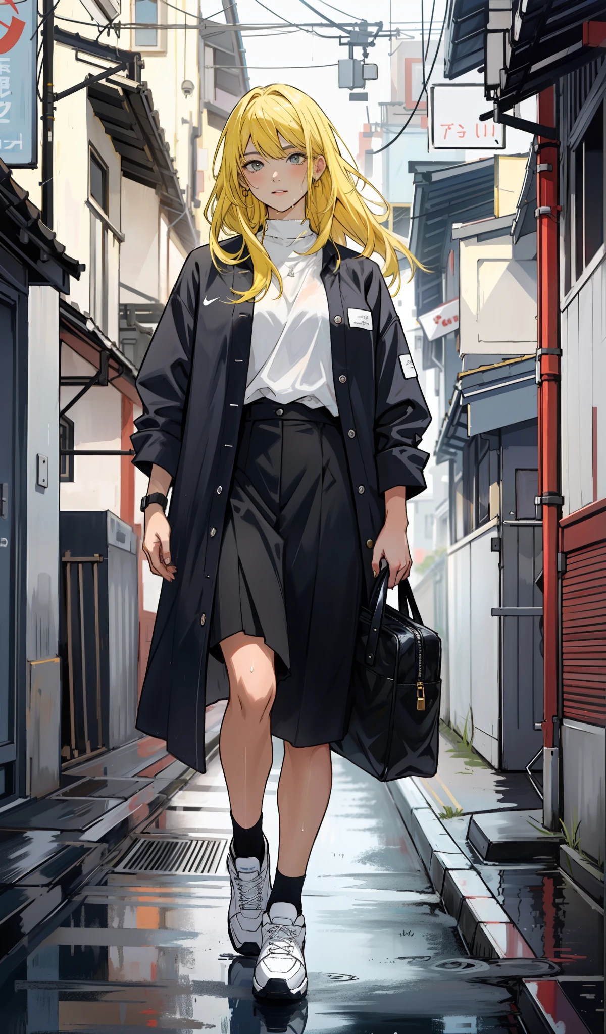 Masterpiece, photo realistic hyper details, a woman in a white shirt, pastel blue colour mini short, simple style, wearing elegant casual clothes, simple clothes, milk and blue style, casual transparent clothing style, wet, modern fashion outfit, wearing a fisher , casual modern clothing, inspo, red clothes, blue oversized jacket, broadshort, neutral tones, red and white color scheme, casual business outfit,cute face, nike shoes, 22 years old, adult face, long hair, ((yellow hair)), street traditional festival