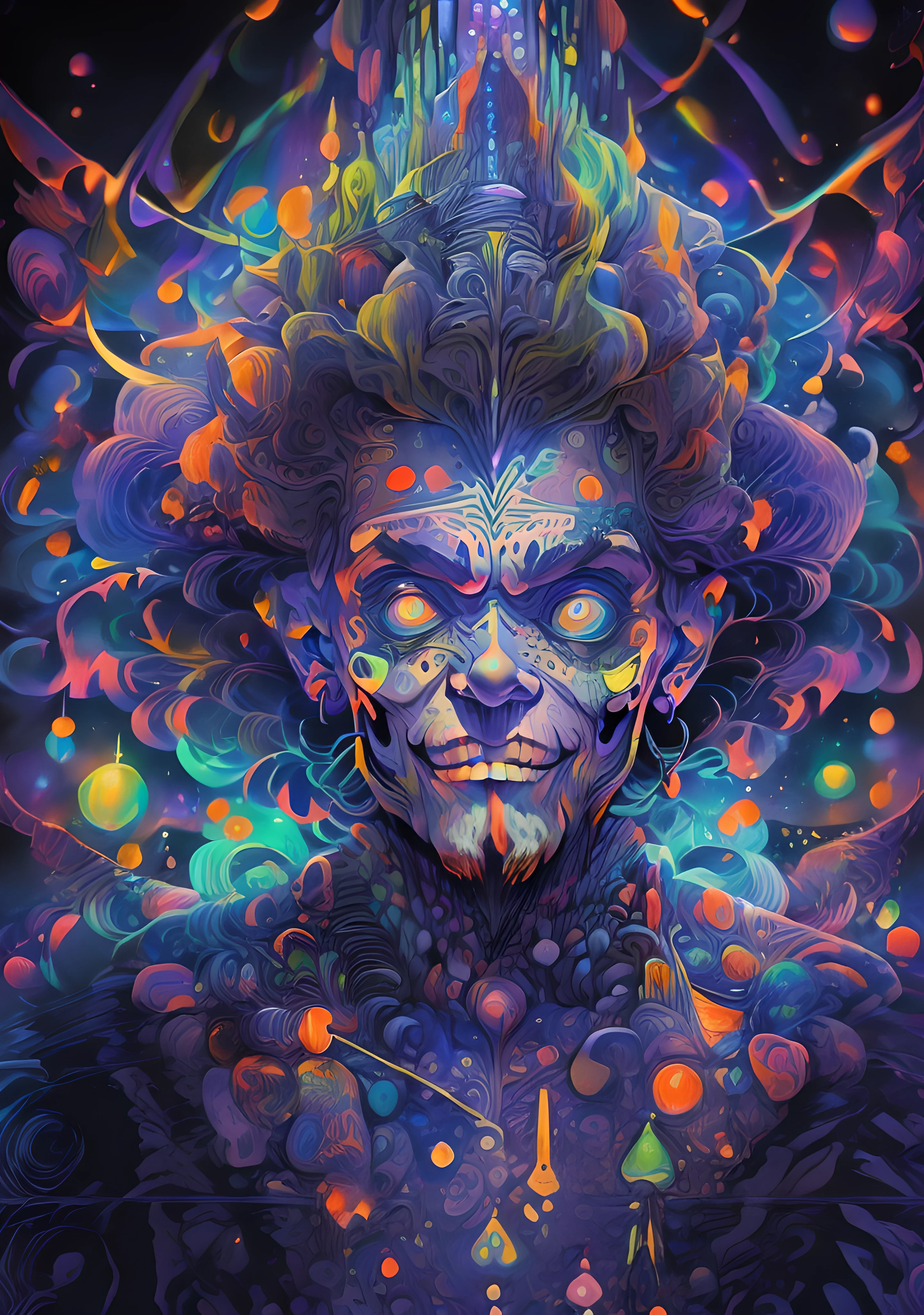 (High resolution, incredibly detailed, masterpiece), portrait of a grim joker, featuring fractal geometry in (vibrant colors:0.8), set against a (galactic background:1.2), bringing together complex, mesmerizing shapes and patterns.dmt .