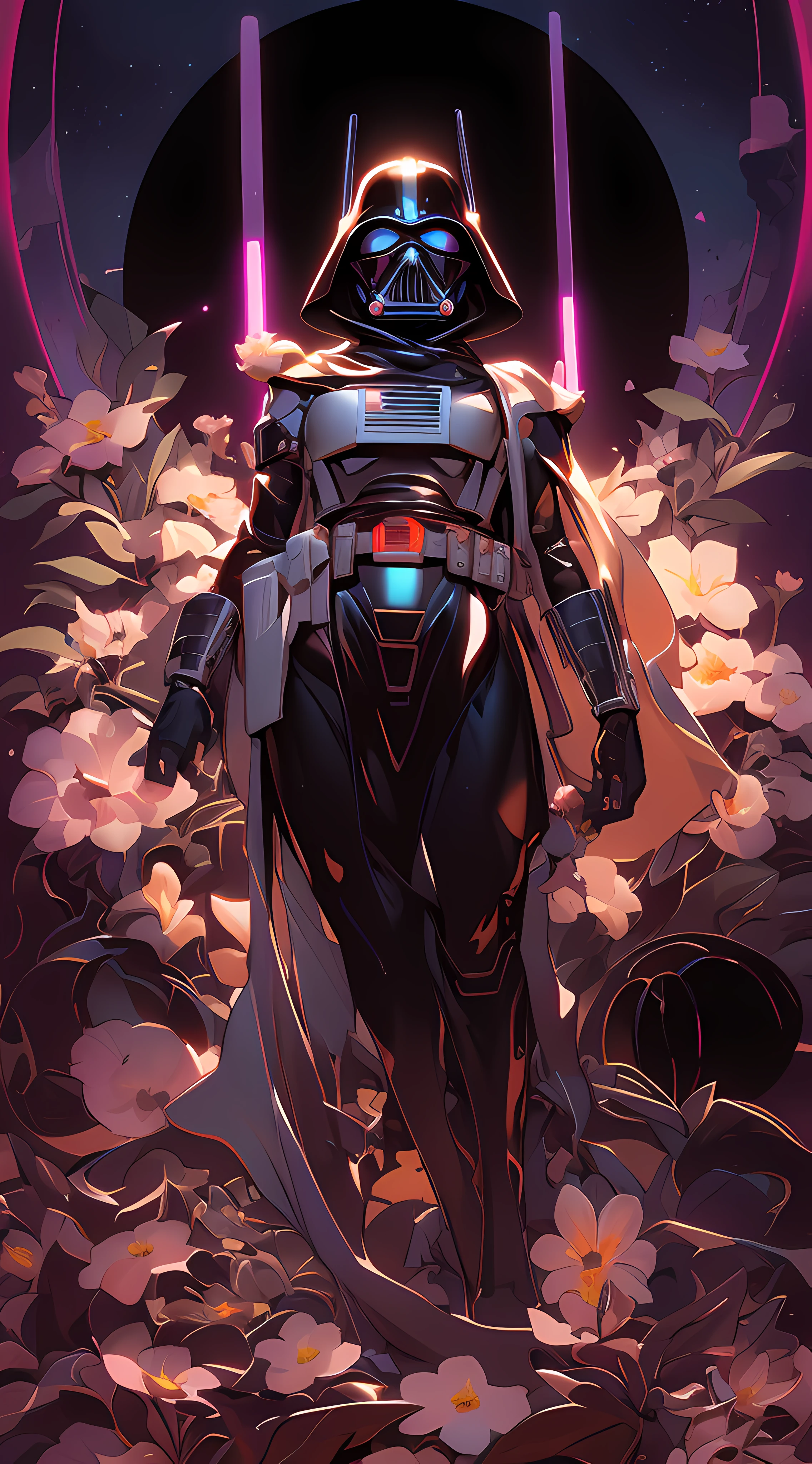 darth vader in a flowery field with a full moon behind him, jen bartel, inspired by Victor Mosquera, by Victor Mosquera, by Kilian Eng, by Ryan Yee, rossdraws | afrofuturism, cyber space cowboy, :: rossdraws, in style of laurie greasley, mecha asthetic, cyberpunk flowerpunk, ross tran 8 k,masterpiece, best quality, (extremely detailed CG unity 8k wallpaper), (best quality), (best illustration), (best shadow), absurdres, realistic lighting, (Abyss), beautiful detailed glow