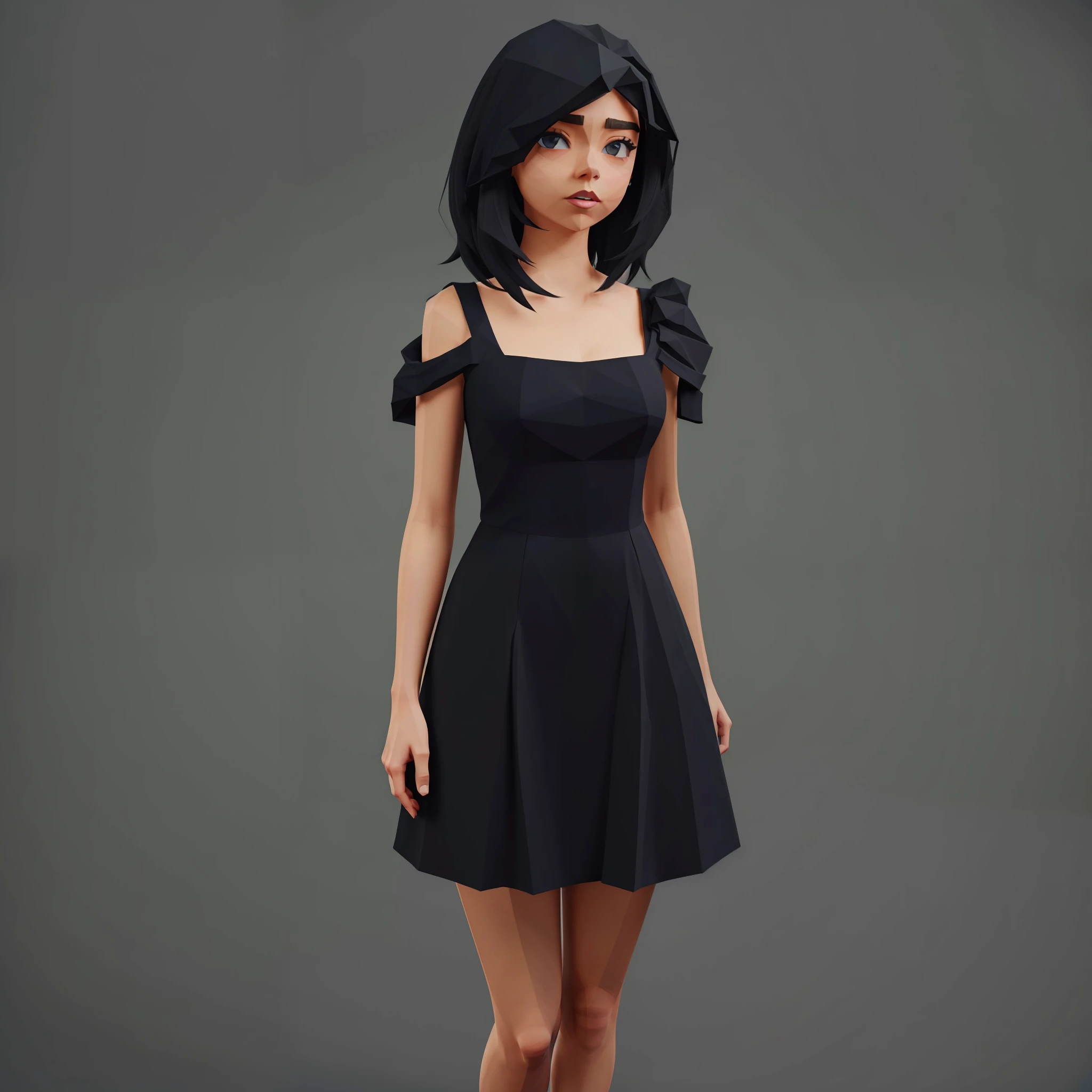 "19 years old" girl ("Sarah Hyland") wearing simple casual black dress, shoulder length straight black hair, flushed cheeks, full body, 3d lowpoly style, low poly, ps1 game style, sharpen focus, UHD, high details, best quality, highres, 8k