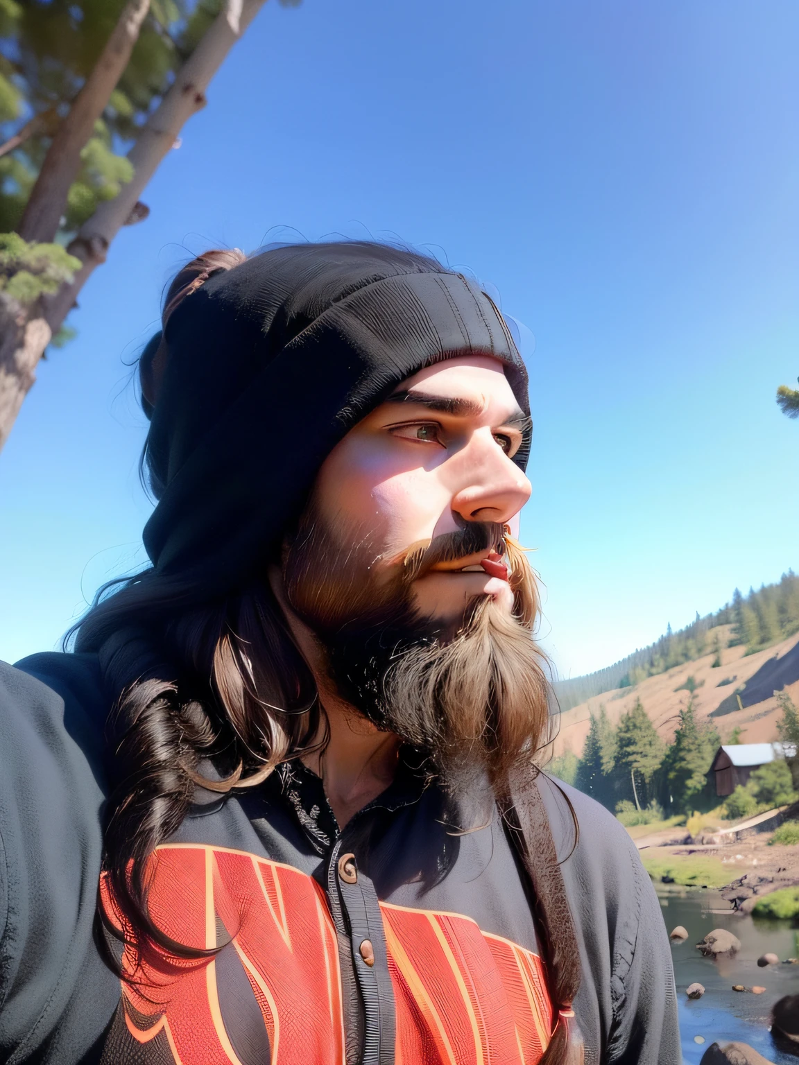 long hair, shoulder length hair, long hair, straight hair, wavy hair, loose hair, neck beard, full beard, full beard, forest background, lumberjack plaid shirt --auto