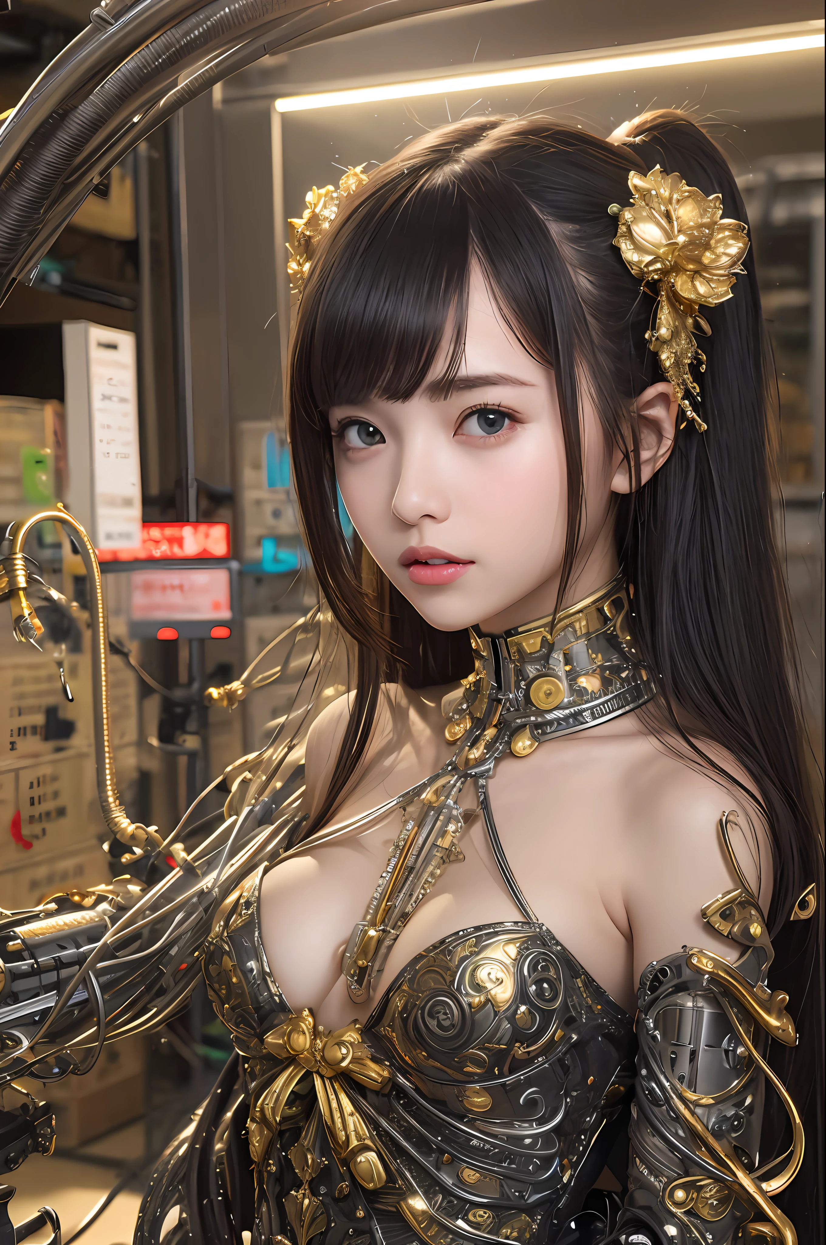 top-quality、masterpiece、超A high resolution、(Photorealsitic:1.4)、Raw photo、女の子1人、Black hair、glowy skin、1 Mechanical Girl、((super realistic details))、portlate、globalillumination、Shadow、octan render、8K、ultrasharp、tits out、Raw skin is exposed in cleavage、Black fiberglass body、Details of intricate ornaments of golden color、Gothloli details、steampunc、highly intricate detail、Realistic light、CGSoation Trends、a purple eye、radiant eyes、Facing the camera、neon details、Mechanical limbs、blood vessels connected to tubes、Mechanical vertebrae attached to the back、mechanical cervical attaching to neck、sitting on、Wires and cables connecting to the head、evangerion、Hydraulic cylinder、tubing、screw、Luminous tube、vacuum tubes、Small LED lamp、
