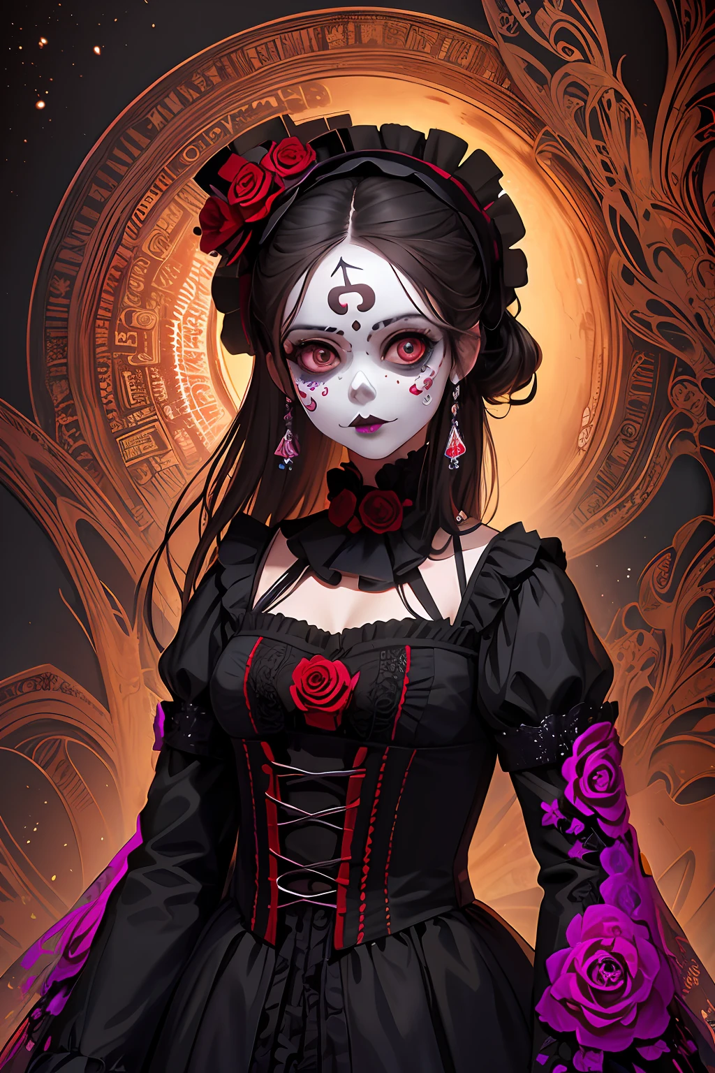 day of the dead girl with sugar skull painted face (masterpiece, top quality, best quality, official art, beautiful and aesthetic:1.2), (1girl), extreme detailed,(fractal art:1.3),colorful,highest detailed