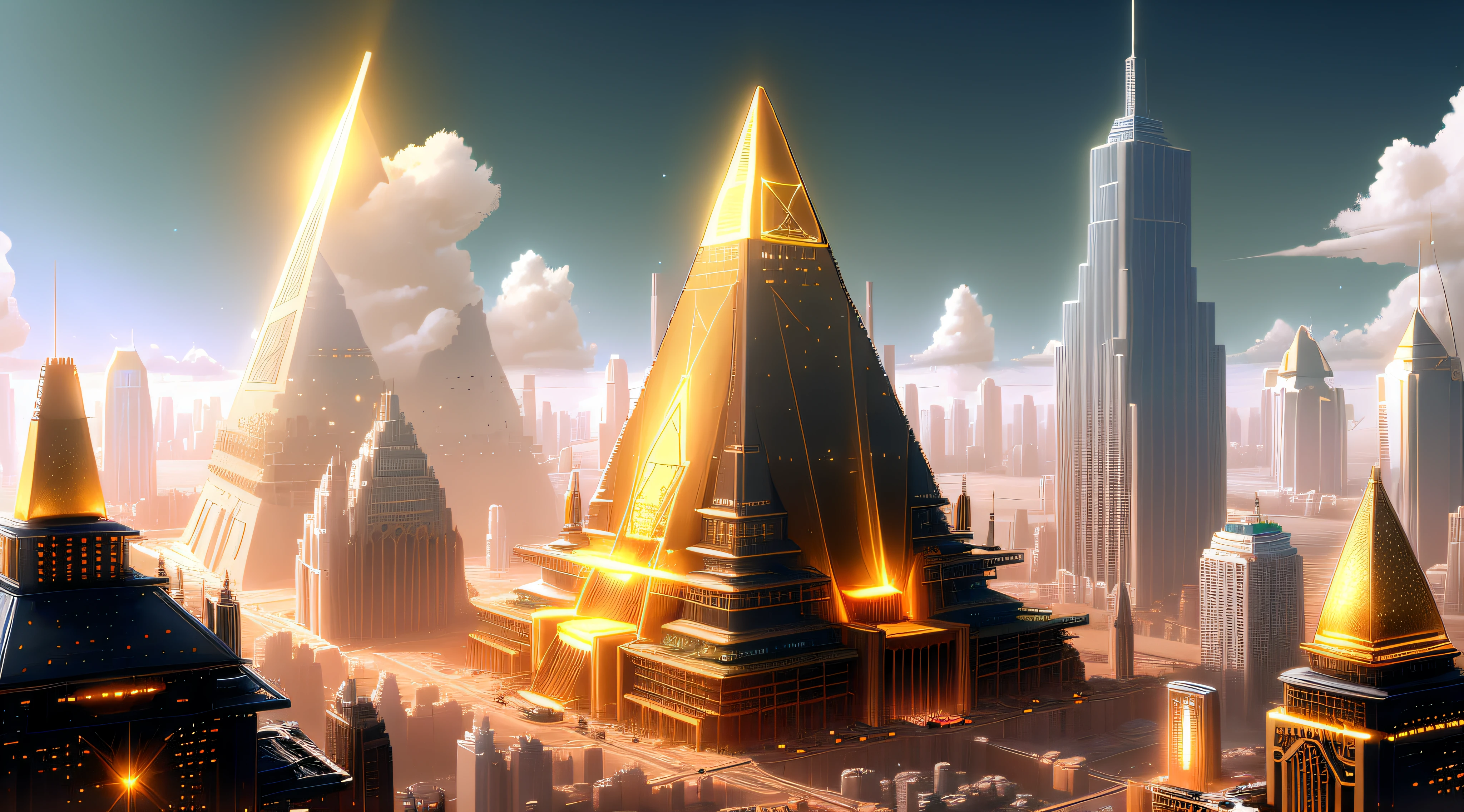 "A futuristic background of a golden glass pyramid with laser beams leads to a hyper-realistic scific city with huge skyscrapers. The hyper resolution of the background is 4k and has an aspect ratio of 16:9."golden pyramid,golden,shiny,glow