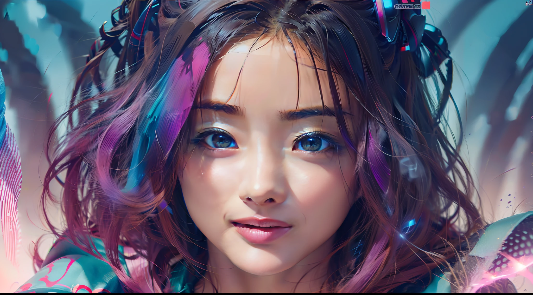 Mulher ninja com fone de ouvido sentido paz, olhos fechados, rosto bonito, cores RGB, cabelo roxo brilhante, colorido anime, fundo brilhante, Banner for youtube video, menina feliz, nuvens com cores RGB, cores RGB brilhantes, completo, ser celestial, garota gamer.