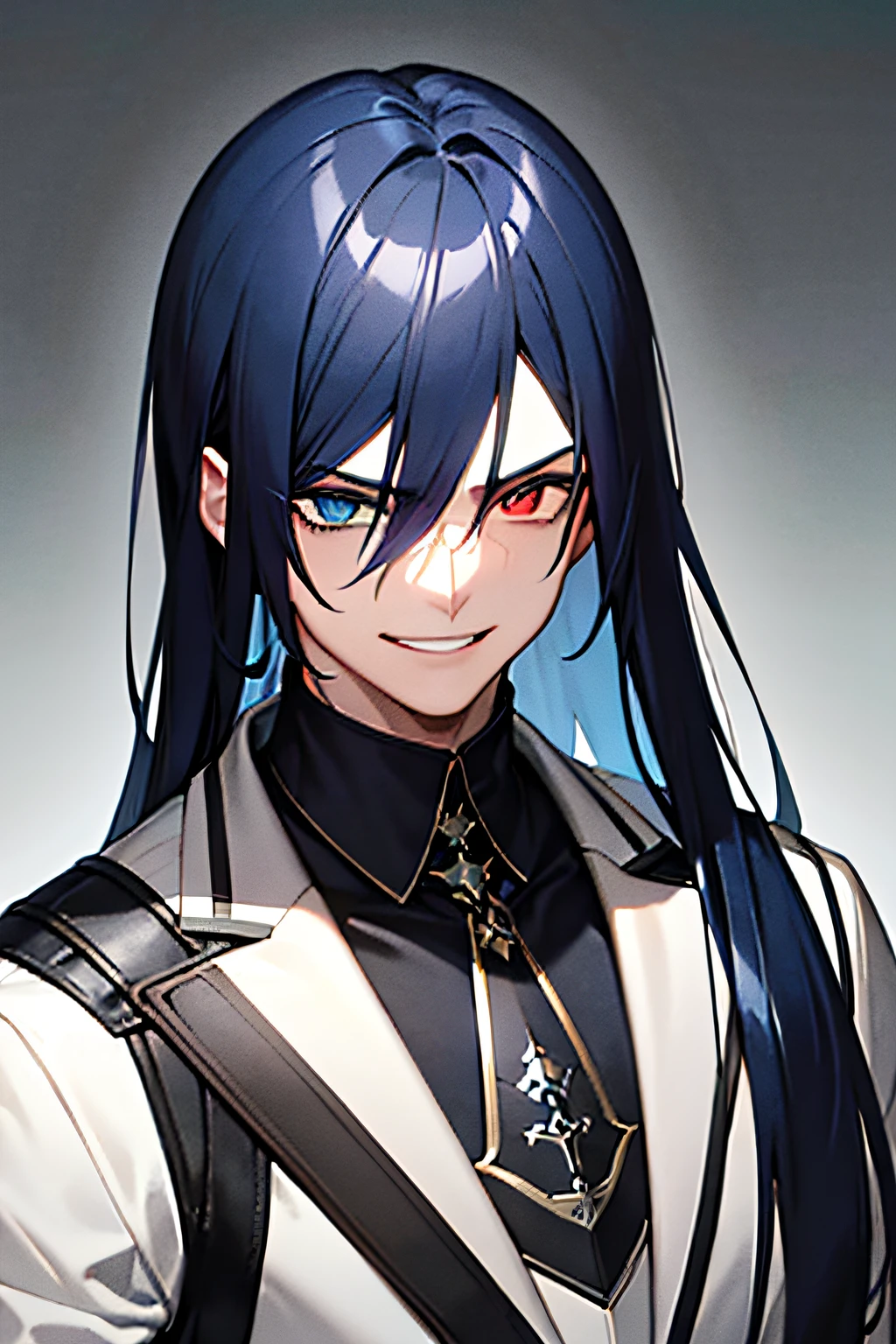 masterpiece, dark blue hair, 1man, heterochromy white and black, contrastant colors, ultra quality, perfect face, good art, portrait, dark skin, cool art, edgy vibe, smirk smile, male, aged at 22 years, good background, long hair.