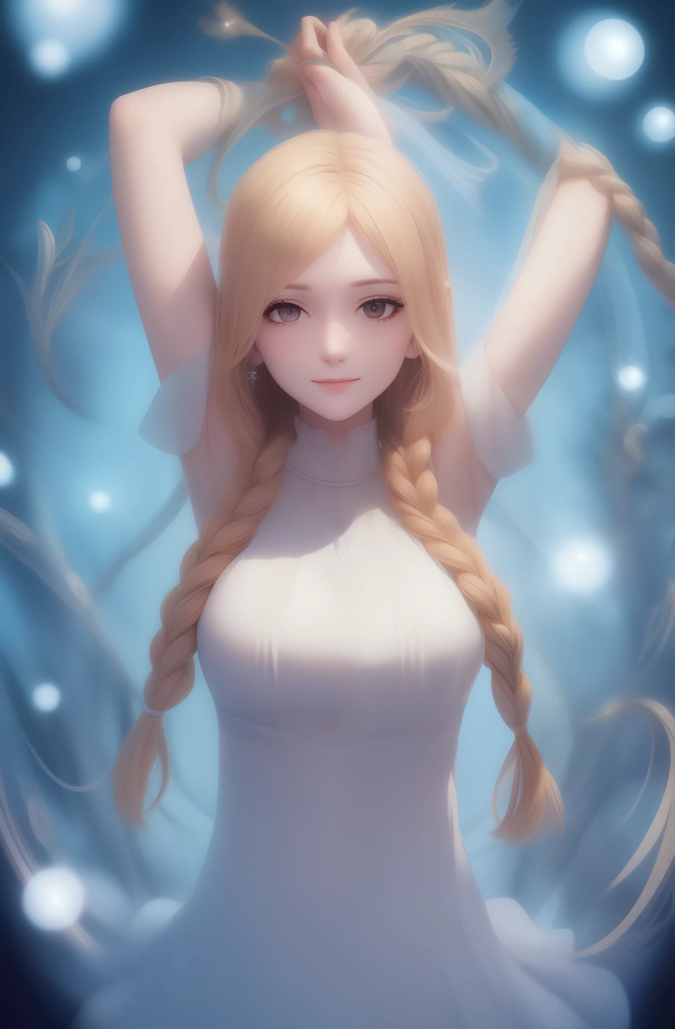best quality, masterpiece, upper body,
(adult:1.6) hungarian woman, (smirk:0.4), arms behind head,
braided golden hair,
sparkling eyes,
victorian sundress,
 floating light particles, centered,
