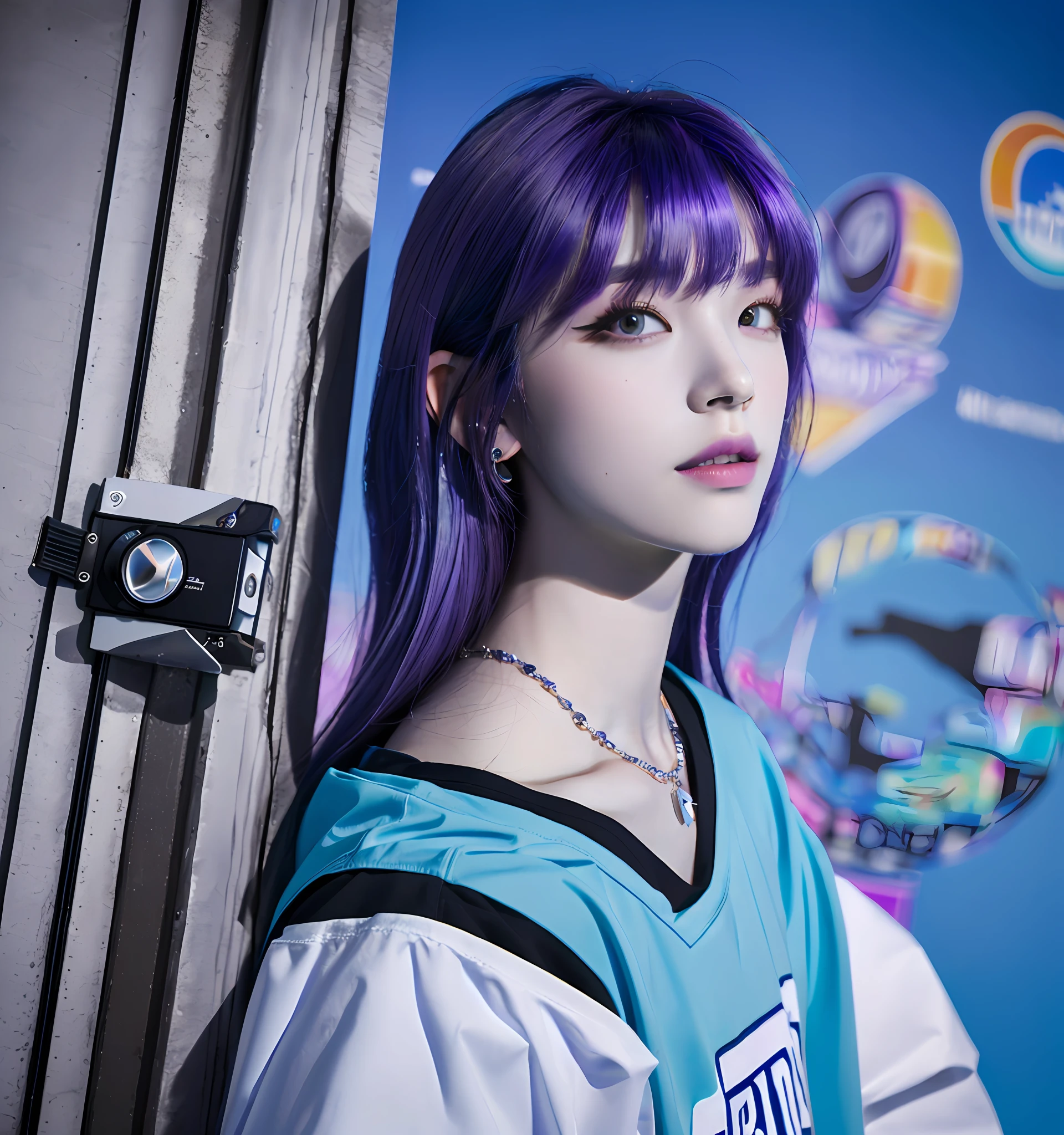There is a boy with purple hair and blue shirt, posterizado, cor posterizada, Colorido saturado, feito com photoshop, foto em estilo de Tyler Mitchell, edited not Photoshop, ((Saturado)), dessaturados!!, cor teal graduada, inspirado em Randy Vargas, Imagem ampliada de 16k, inspirado em Xanthus Russell Smith, Obra-prima estilo Vaporwave,qualidade super alta,8k,super realista