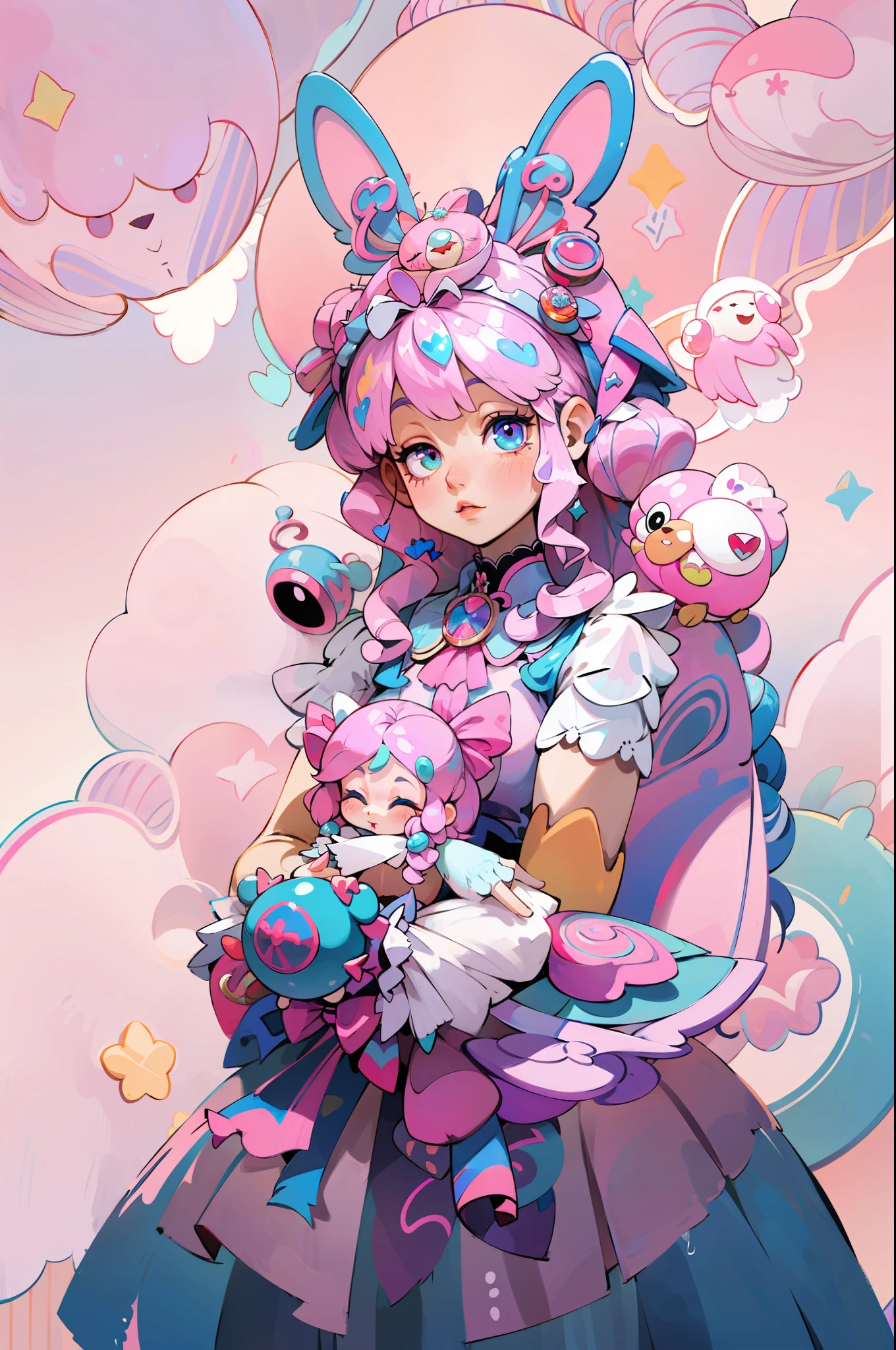 Imagen de una mujer con un vestido rosa sosteniendo un oso de peluche, Fairycore, Articulated doll with ball, Dulce conejita ultrarrealista, portrait of magical lolita girl, ddlc, style of magical girl, Beautiful pink alien girl, Estilo Lolita, rosa pastel, kawaii aesthetics, Angelic Pretty, loli, Moda Lolita, Chica rosa, uhd, 8k, 16k, (((masterpiece))), fantasy art