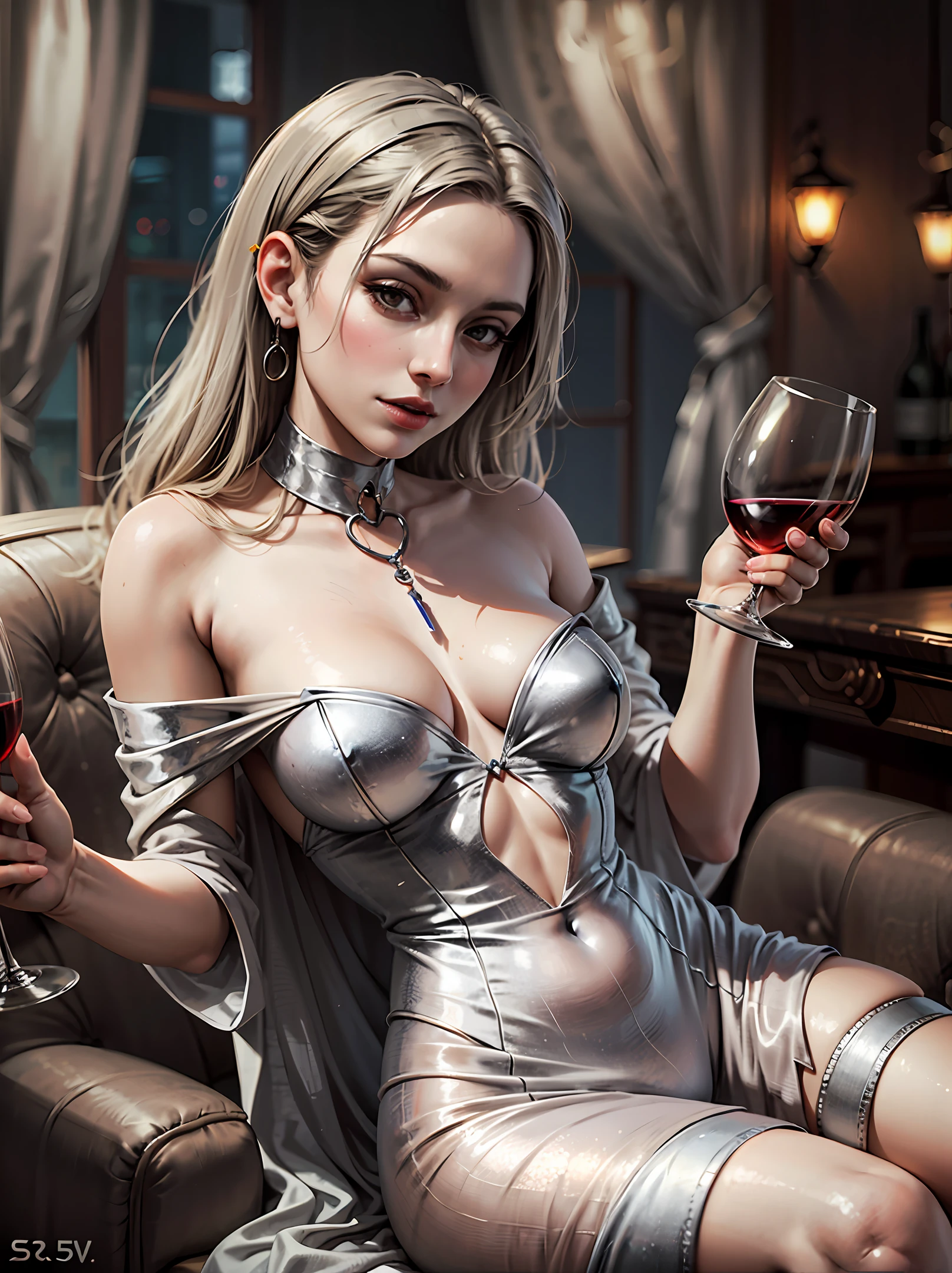 A young female vampire, beautiful, in a silver gown, holding a glass of wine in her hand. --auto --s2