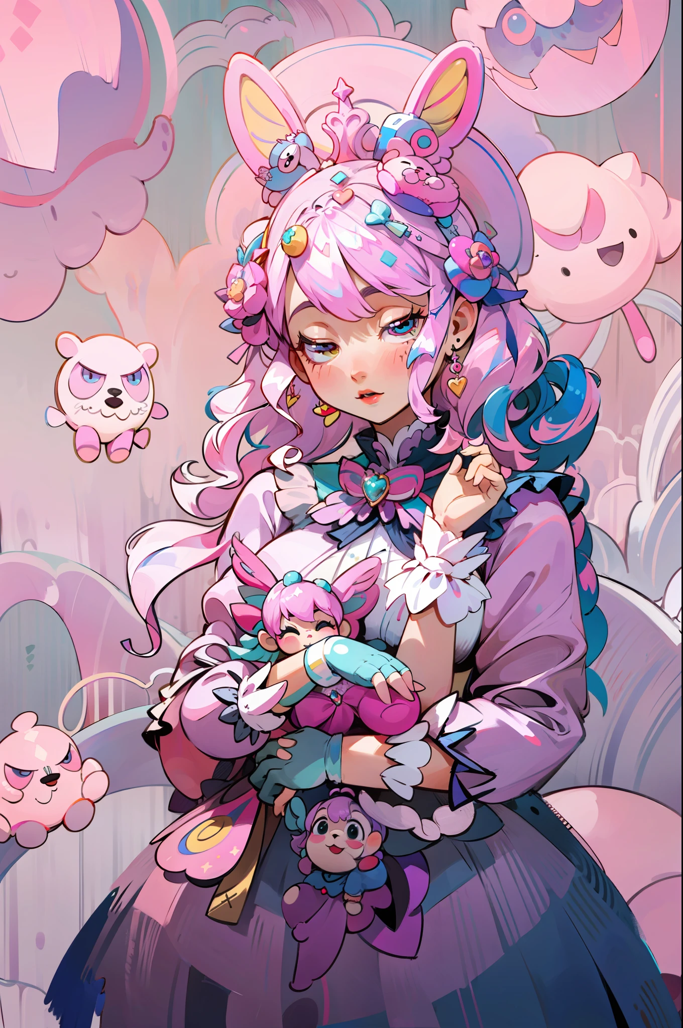 Imagen de una mujer con un vestido rosa sosteniendo un oso de peluche, Fairycore, Articulated doll with ball, Dulce conejita ultrarrealista, portrait of magical lolita girl, ddlc, style of magical girl, Beautiful pink alien girl, Estilo Lolita, rosa pastel, kawaii aesthetics, Angelic Pretty, loli, Moda Lolita, Chica rosa, uhd, 8k, 16k, (((masterpiece))), fantasy art