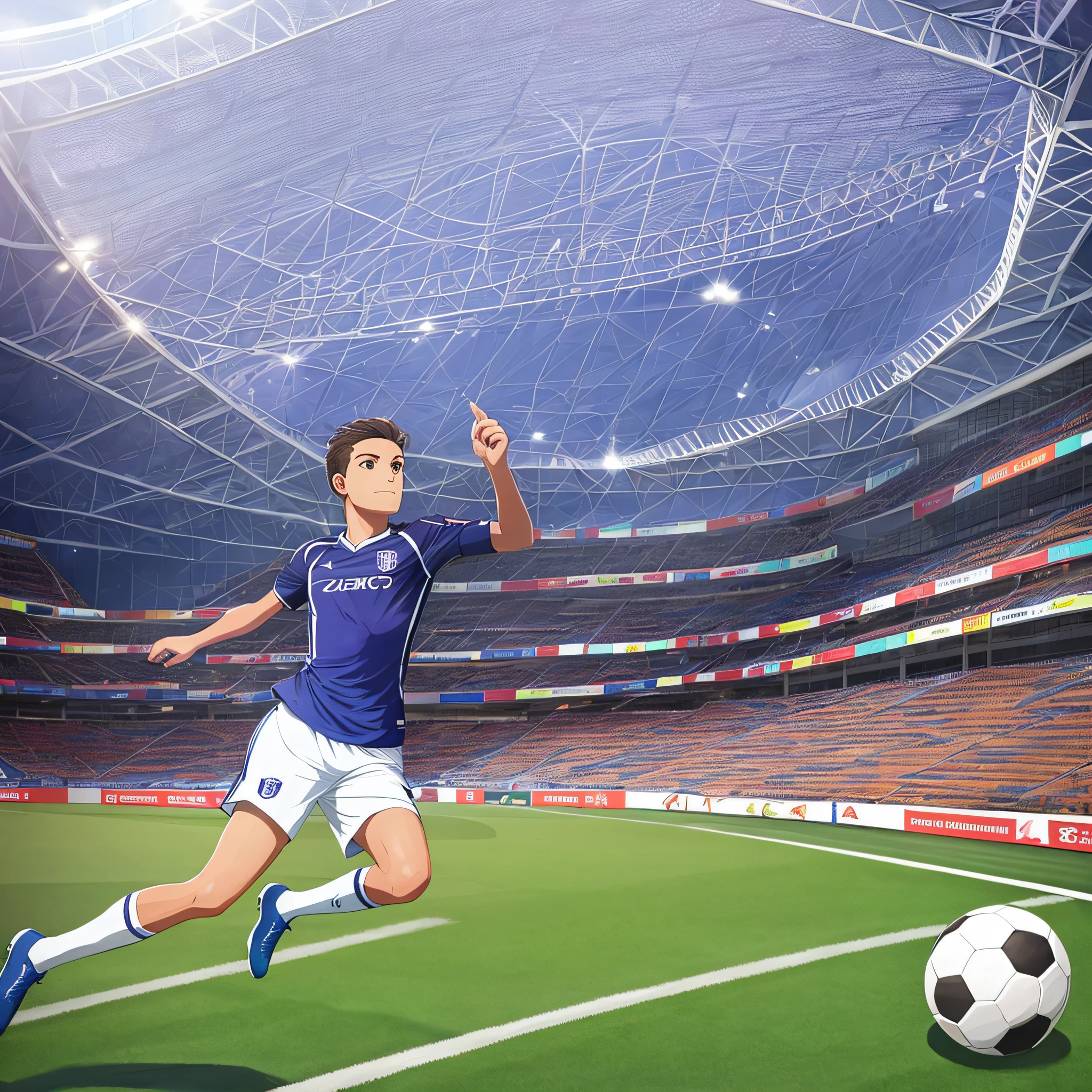 soccer player in soccer stadium, jogando futebol, camiseta violeta e preta, 8k, arte decorativa --auto