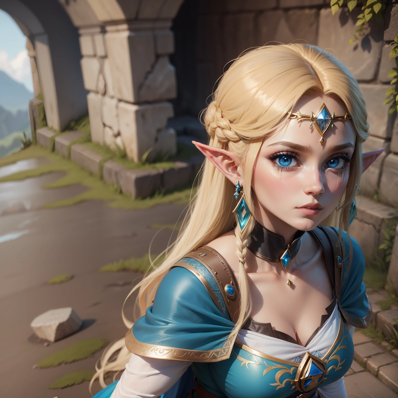 princesa Zelda de Tears of Kingdom sentada em uma pedra observando as ruinas do povo zonai. HD, 3D, imagem bonita, olhos bem detalhados, natureza bela. Zelda deve ser fofa, mas ainda parecer determinada, utilizando um lindo vestido azul e comprido. Seus olhos devem ser perfeitos. Ela deve estar feliz ao lado de Link