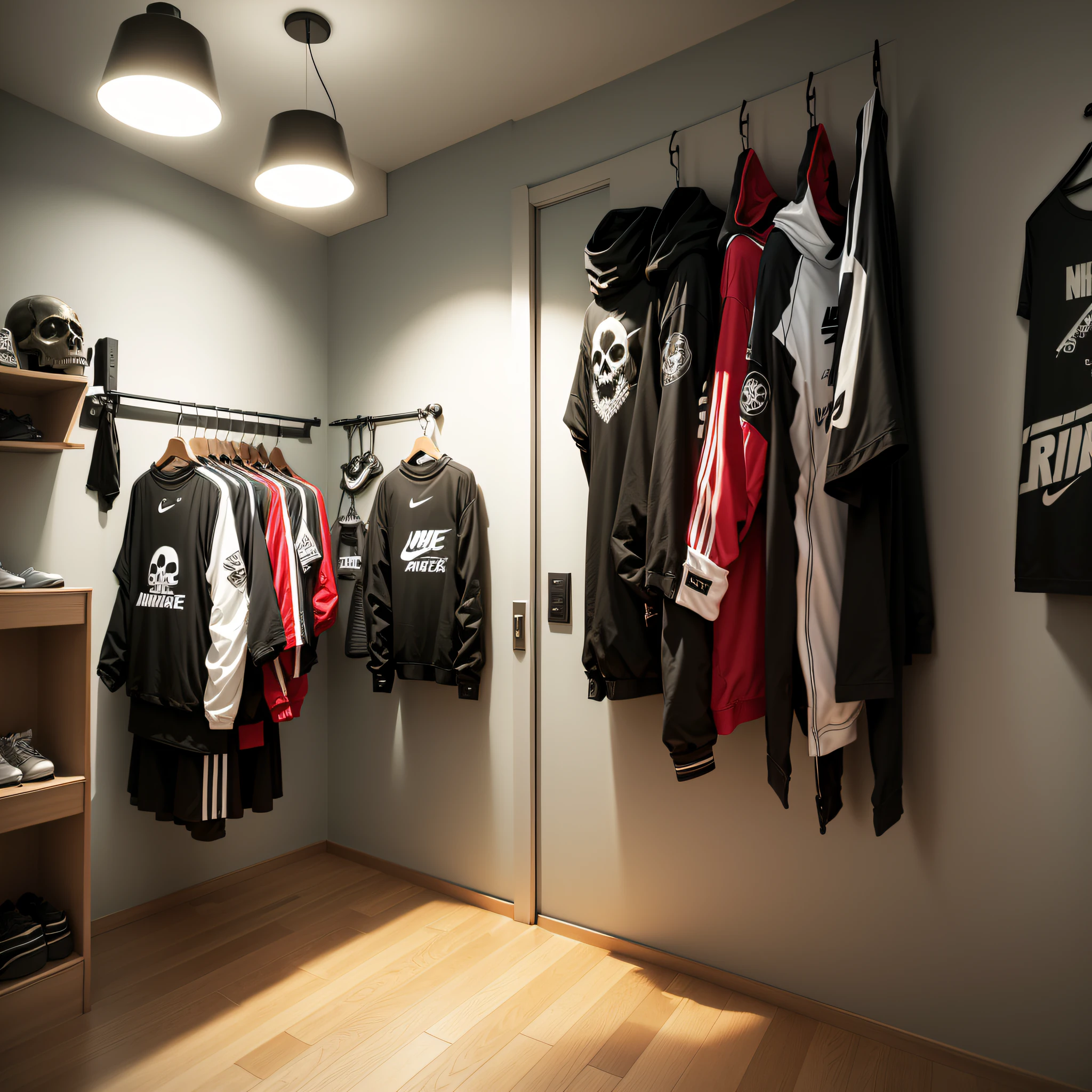 Quarto de solteiro moderno,4 skate pendurado na parede,guarda roupa com porta de correr e espelho,criado mudo preto,Skull lampshade lighting,Shelves with various Nike sneakers,guitarra. --auto