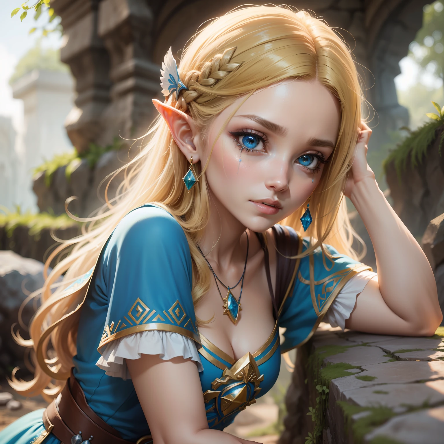 princesa Zelda de Tears of Kingdom sentada em uma pedra observando as ruinas do povo zonai. HD, 3D, imagem bonita, olhos bem detalhados, natureza bela. Zelda deve ser fofa, mas ainda parecer determinada, utilizando um lindo vestido azul e comprido. Seus olhos devem ser perfeitos. Ela deve estar feliz ao lado de Link