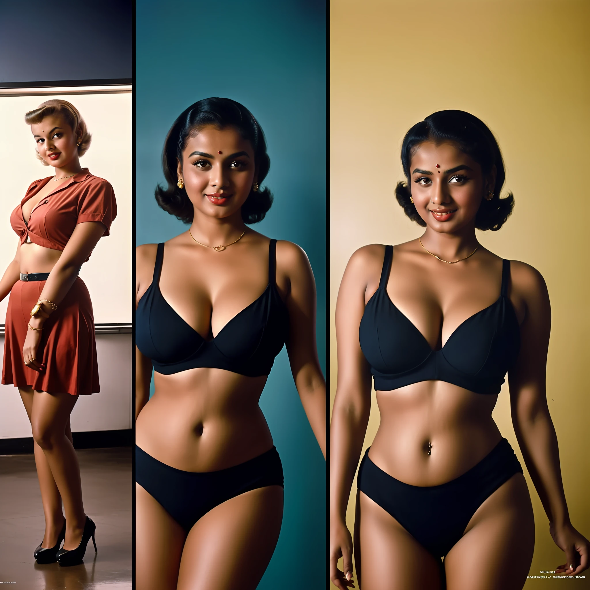 (Split screen:1.2),((1950s style:1.3)) magazine photoshoot, Indian Kerala dark skin woman wearing different costumes, (busty, curvy:1.2), 1950s photo quality,shot on Kodak Ultra F9 35mm Film camera,(photorealistic:1.3), visible navel