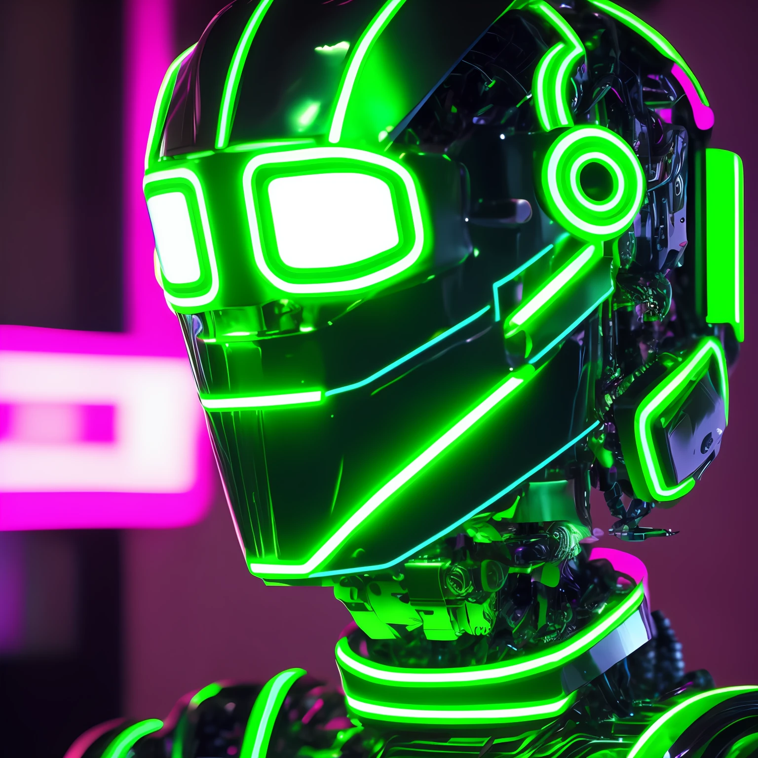 Cybernetic humanoid robot with green neon, circuitos cintilantes a mostra. cidade futurista cyberpunk em neon laranja. Profile photo that will make admirers inebriated.