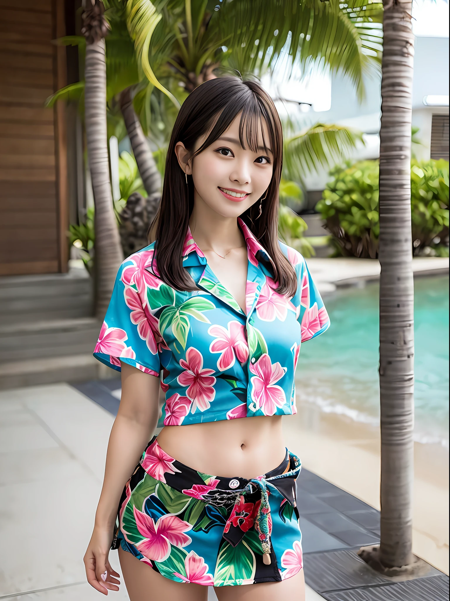 (Short Sleeve Hawaiian Shirt、Aloha shirts:1.3)、(open-shirt、A smile:1.4)、masterpiece、top-quality、beautiful a girl、Sunset beach、Raw foto、A hyper-realistic、a picture、chromatic abberation、foco nítido、 Palm trees、extremely detailed eye and face。a miniskirt。pleatedskirt。Navel Ejection。Dimples。((length hair))。A dark-haired。(A dark-haired:1)。Pure black hair。
