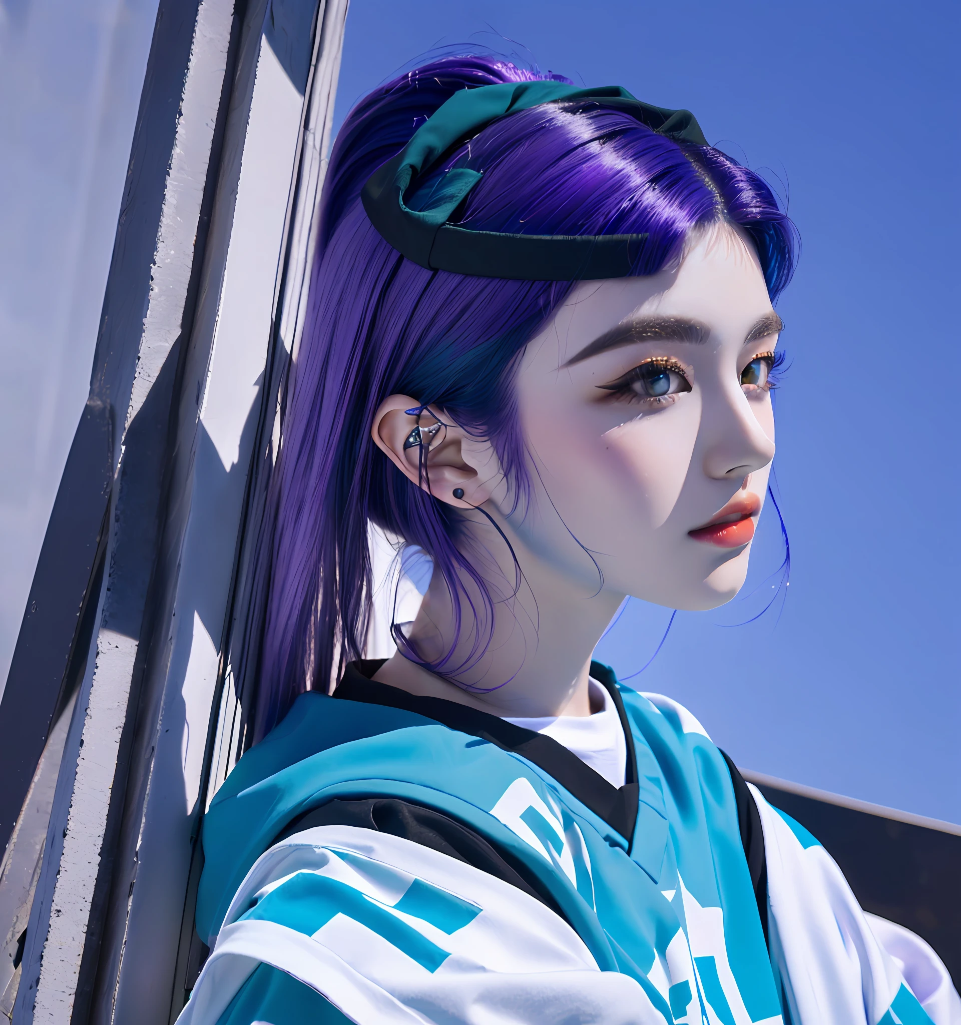 There is a boy with purple hair and blue shirt, posterizado, cor posterizada, Colorido saturado, feito com photoshop, foto em estilo de Tyler Mitchell, edited not Photoshop, ((Saturado)), dessaturados!!, cor teal graduada, inspirado em Randy Vargas, Imagem ampliada de 16k, inspirado em Xanthus Russell Smith, Obra-prima estilo Vaporwave,qualidade super alta,8k,super realista
