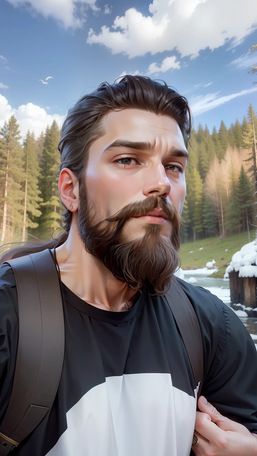 long hair, shoulder length hair, long hair, straight hair, wavy hair, loose hair, neck beard, full beard, full beard, forest background, lumberjack plaid shirt --auto