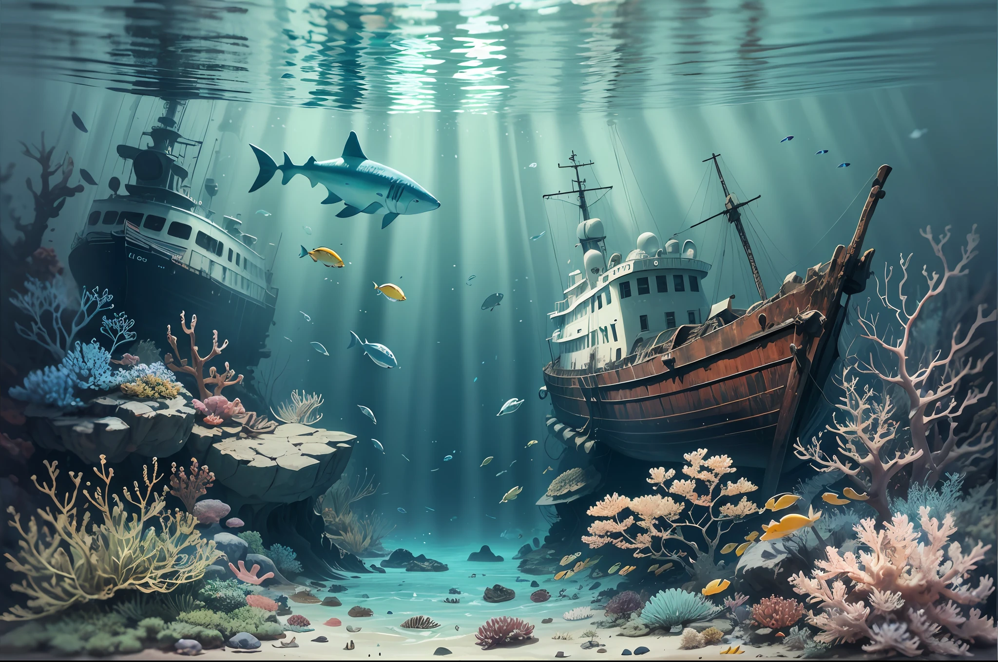 Underwater scene, debris of a shipwreck, seabed, rusty ship at the bottom, covered by corals and green and russet algae. Shoal of fishes swimming, shark, rays, octopuses. Dynamic scene. Clear, almost transparent bluish water, illuminated water reflections. Watercolour and ink. --auto --s2