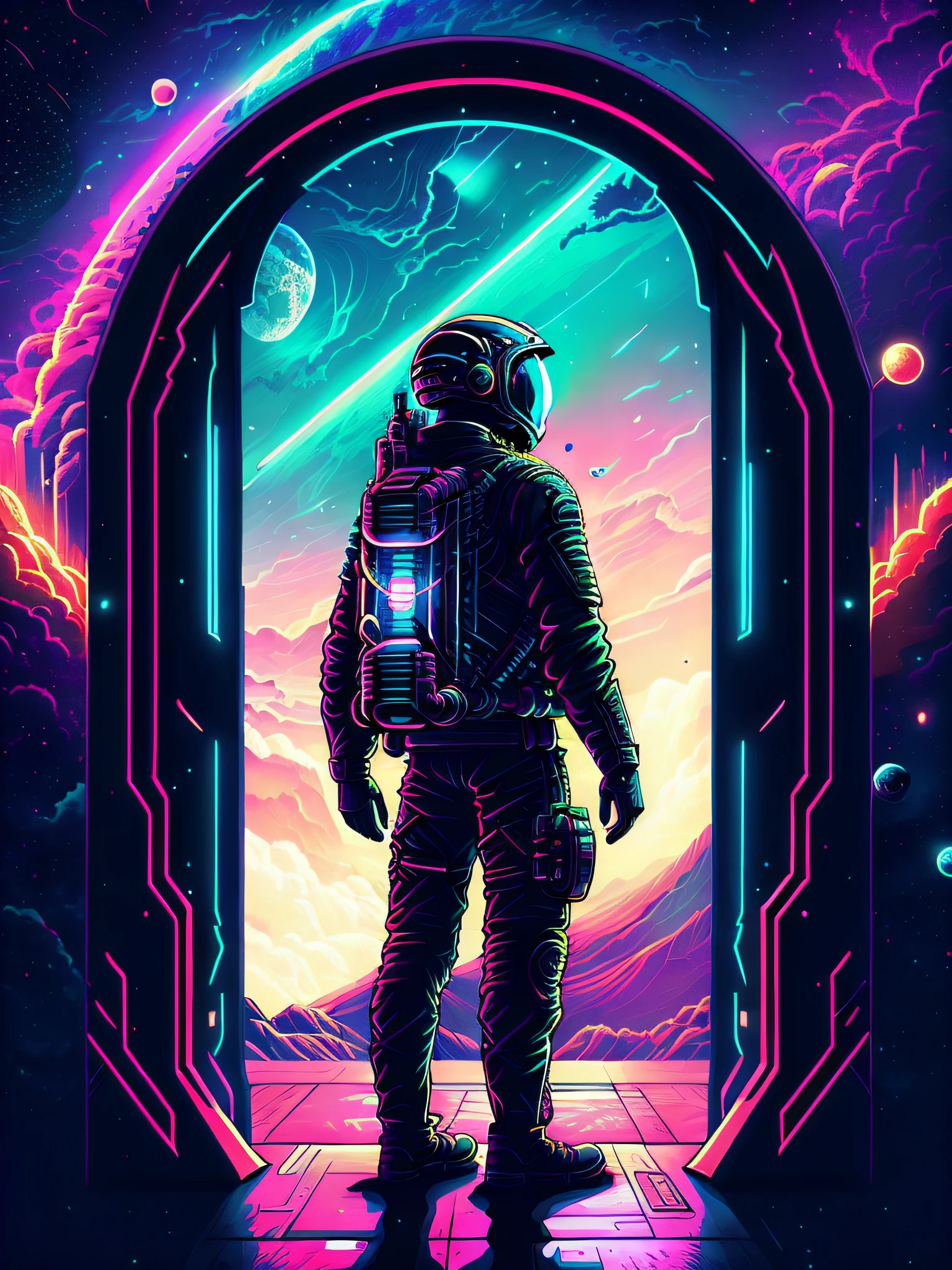 A closeup of a person in a space suit standing in a doorway, Jen Bartel, Sci-Fi Digital Art Illustration, HQ 4K papel de parede do telefone, Portal to outer space, astronauta futurista, lonely astronaut, masterpiece epic retrowave art, staring into space, Directed by: Christopher Balaskas, papel de parede do telefone hd, papel de parede do telefone hd, scifi illustration