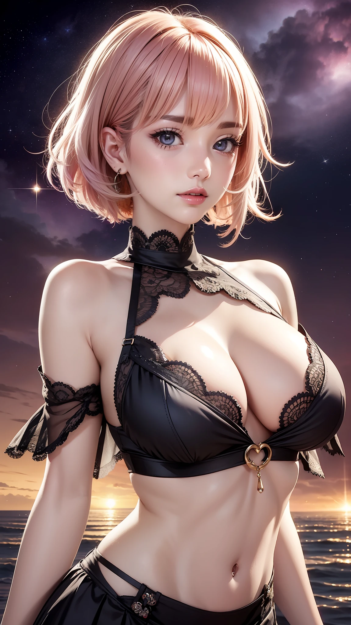 realisticlying, hyper-detailing, Girls Only, (Layered Bob:1.3), 动态照明, ((sexyposture)), (Glow skin: 1.5), tmasterpiece, top-quality, absurderes, watch audience, (Blonde and pink hair), Deep purple Clear starry sky eyes,((big breasts beautiful,A detailed eye,gem-like eyes,colorful eyes,sparkle eyes:1.3)), slenderness, A high resolution, tack sharp focus, depth of fields, detailedeyes, sharp sharp eyes, (photorealistic eye)),Exaggerated huge breasts, exteriors, sunrise sky, (Attractive sophisticated design riverside lace dress,(Intricate patterned tops and skirts):1.3))