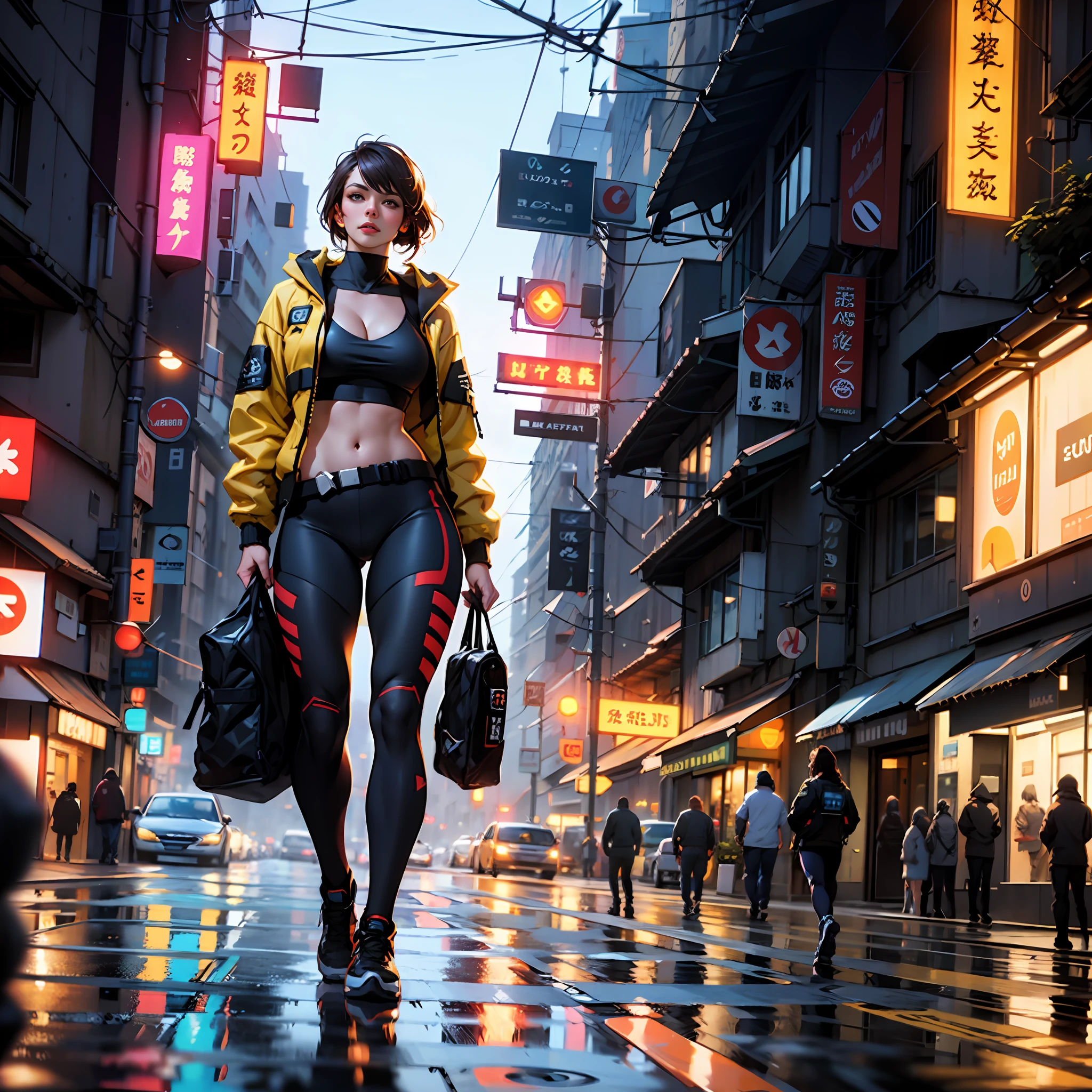 Full body, masterpiece, photo realistic, hyper details, arafed beautiful lady in yellow jacket standing on street corner, pony tail, crop top, cleavage, yellow broadshort, cameltoe, cyberpunk city, standing tall, busty, in a city street, Shifted Bangs Japanese Haircut, wearing urban techwear, realistic depiction, standing in a city center, an ultra realistic, promo image, techwear look and clothes, in city street, hyper-realistic, hyper - realistic, wojtek fus, hyper realistic style, small waist
