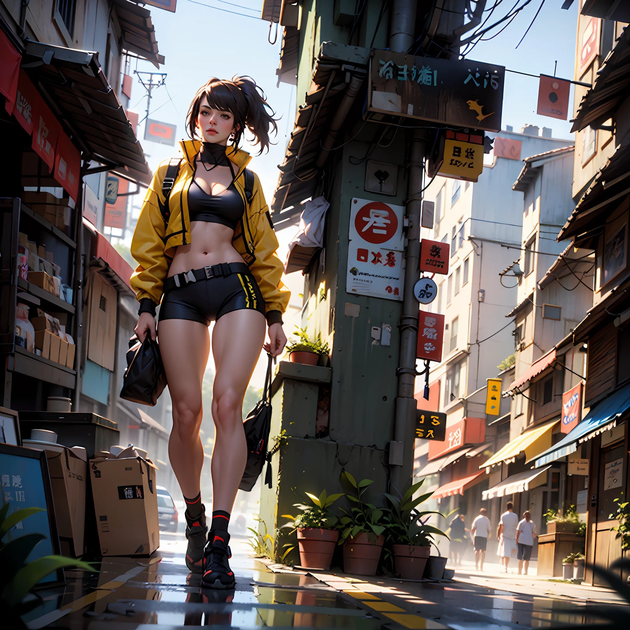 Full body, masterpiece, photo realistic, hyper details, arafed beautiful lady in yellow jacket standing on street corner, pony tail, crop top, cleavage, yellow broadshort, cameltoe, cyberpunk city, standing tall, busty, in a city street, Shifted Bangs Japanese Haircut, wearing urban techwear, realistic depiction, standing in a city center, an ultra realistic, promo image, techwear look and clothes, in city street, hyper-realistic, hyper - realistic, wojtek fus, hyper realistic style, small waist