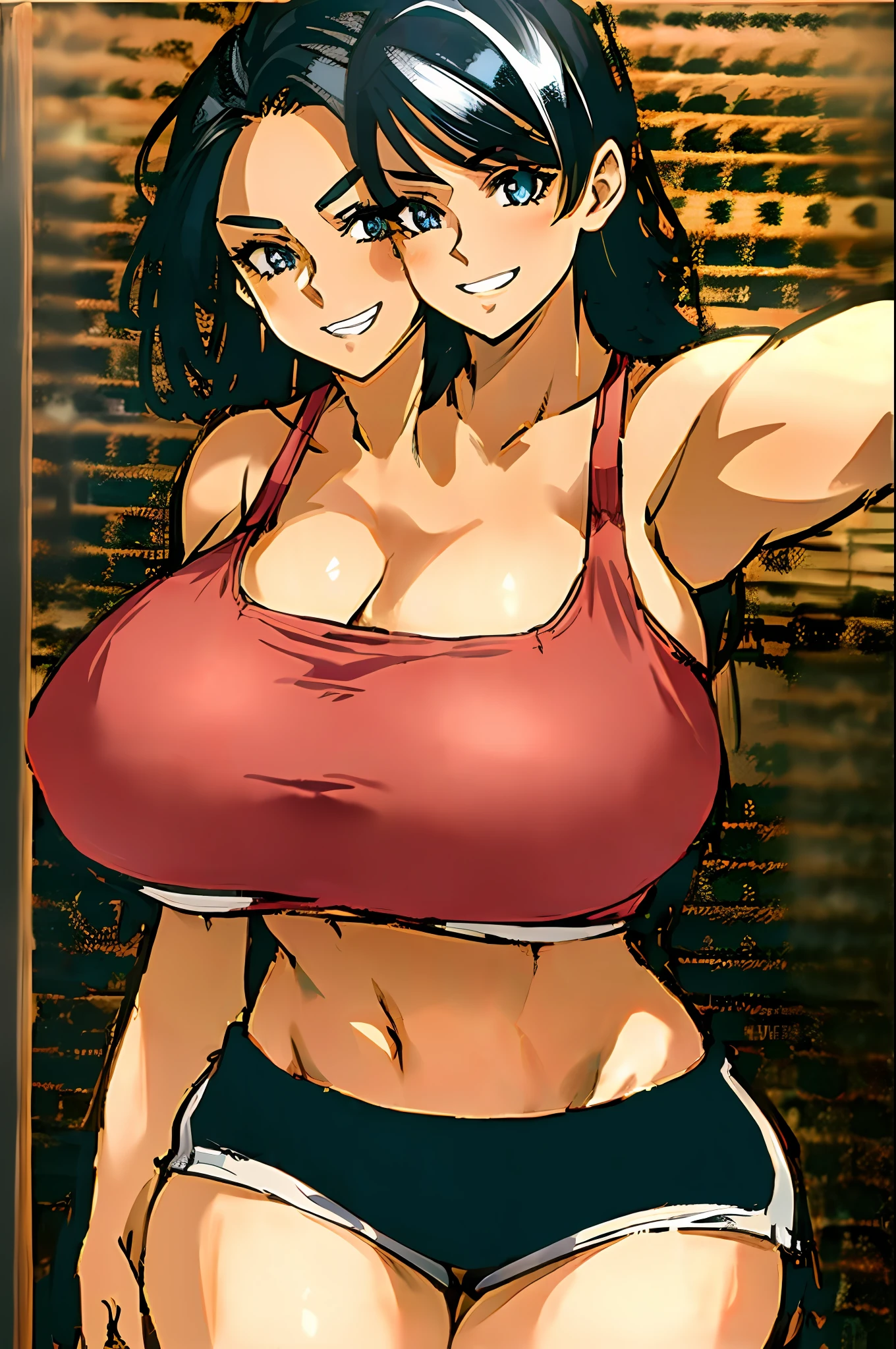 2heads, a thin woman with 2 heads. She has enormous breasts. Her breasts are very round and firm. She is wearing only a sports bra and shorts. She is happy. She looks playful. Her breasts are massive.