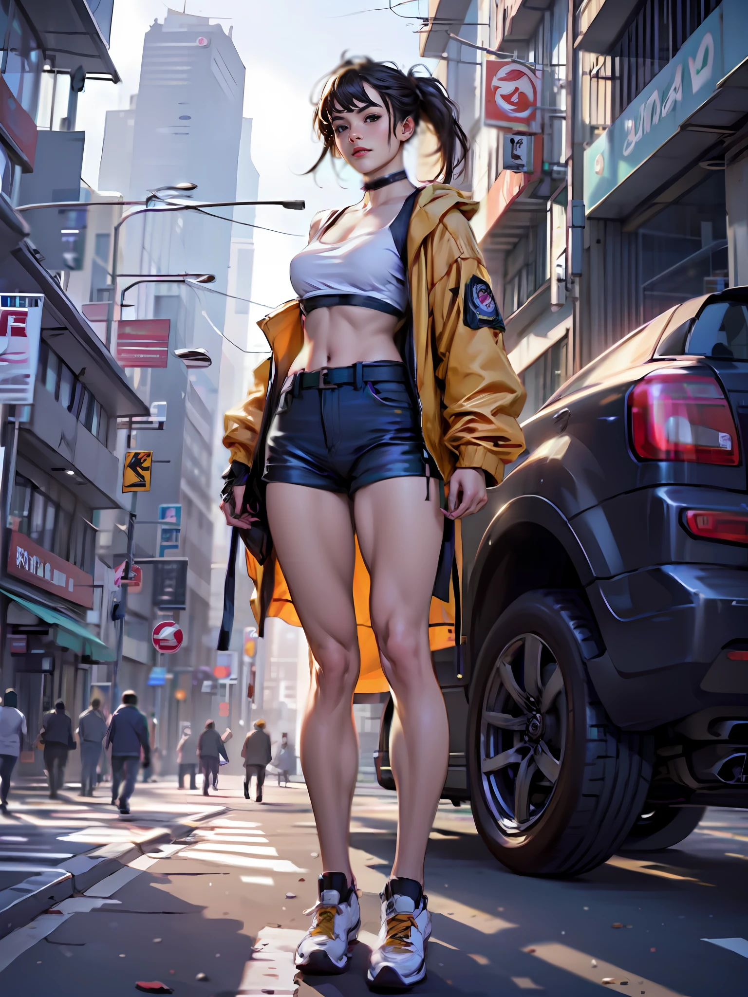 Full body, masterpiece, photo realistic, arafed beautyful lady in yellow jacket standing on street corner, pony tail, crop top, cleavage, (high-waist mini shorts cargo), cameltoe, cyberpunk city, standing tall, busty, in a city street, Shifted Bangs Japanese Haircut, wearing urban techwear, realistic depiction, standing in a city center, an ultra realistic, promo image, techwear look and clothes, in city street, hyper-realistic, hyper - realistic, wojtek fus, hyper realistic style, small waist