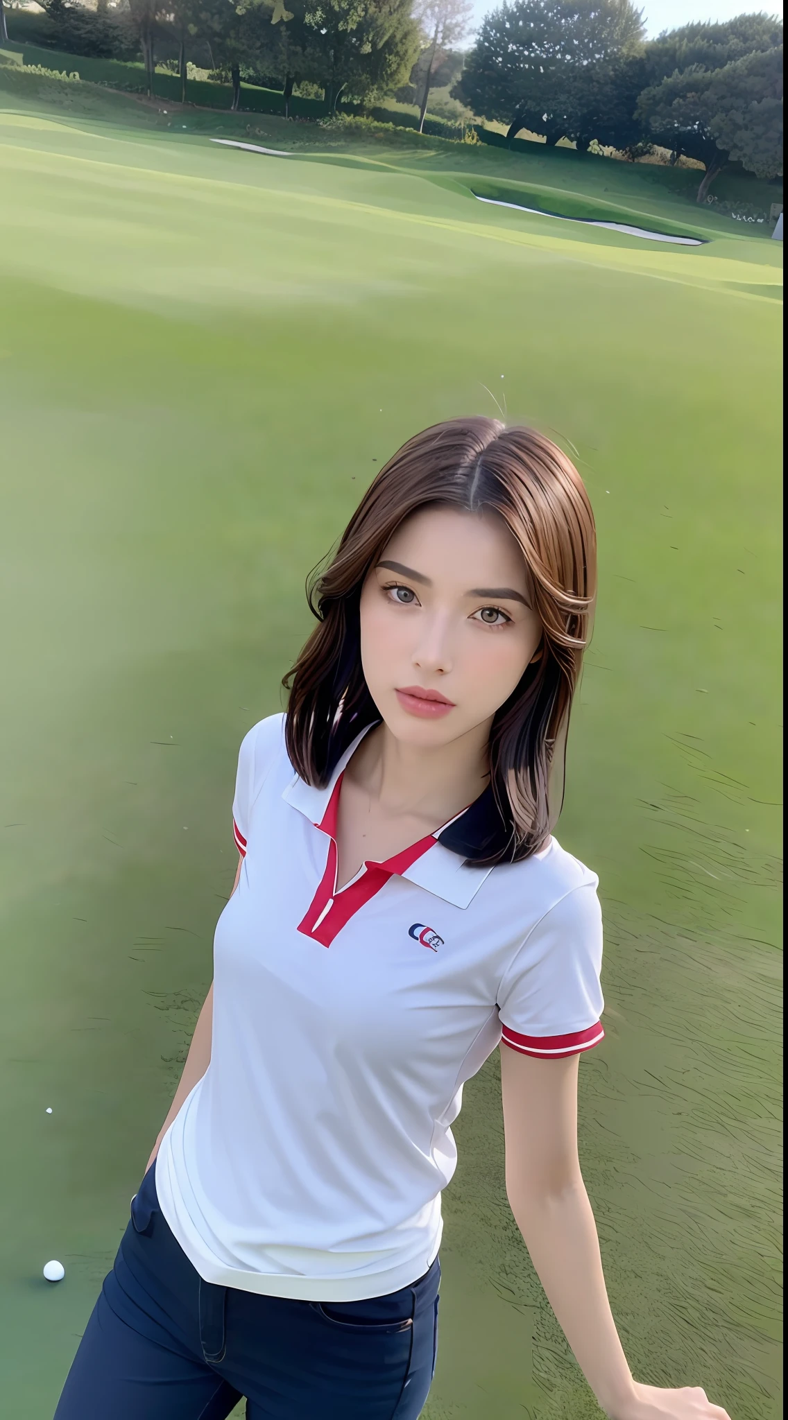((Campo de golfe ensolarado, luz realista, Qualidade Superior, 8k, master part: 1.3)), 1 girl, Beleza Slim: 1.4, Abs: 1.1, (brown hair, medium breasts: 1.3), Desgaste de golfe: 1.1, campo de golfe, cara super bonita, Olhos azuis, double eyelids, sorrir, colar, 8th Statue, campo aberto, lago, champion