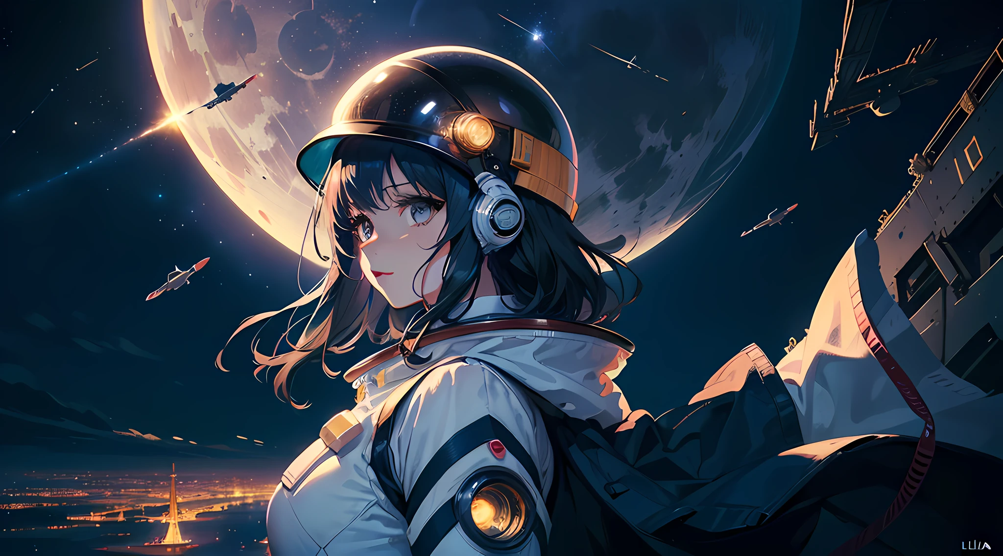 (((Masterpiece,Best quality,An extremely delicate and beautiful,illustration))),
(From the side Side,medium to long shot),
((A cute_Detailed_Girl in spacesuit,Beautiful_Detailed_Faces in aerospace_helmet)),(((Upper body))),(Disheveled hair:0.3),
(((Clouds:0.3),multiple_Luna,(Floating_Fortress Technology Machinery),night sky background)),
(Cyberpunk_Aerospace_helmet),