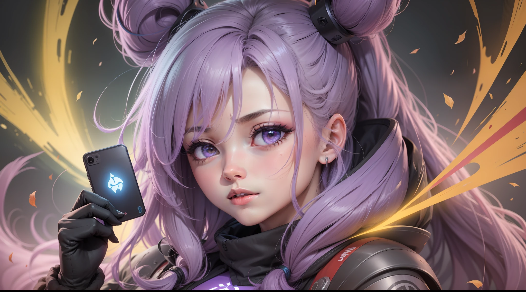 Mulher ninja com fone de ouvido sentido paz, olhos fechados, rosto bonito, cores RGB, cabelo roxo brilhante, colorido anime, fundo brilhante, Banner for youtube video, feliz, nuvens com cores RGB, cores RGB brilhantes, completo, ser celestial, garota gamer.