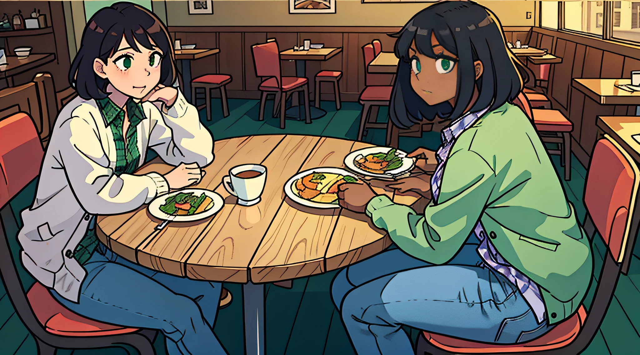 masutepiece、high-level image quality、bustshot、detaileds、comic strip、The table、
Italian Restaurant、during a meal、The table、Wooden chair、
dark skinned female、年轻、((Green checked shirt))、((White cardigan))、jeans、Brown sandals、Woman sitting、bobhair、Black-haired、Suspicious look