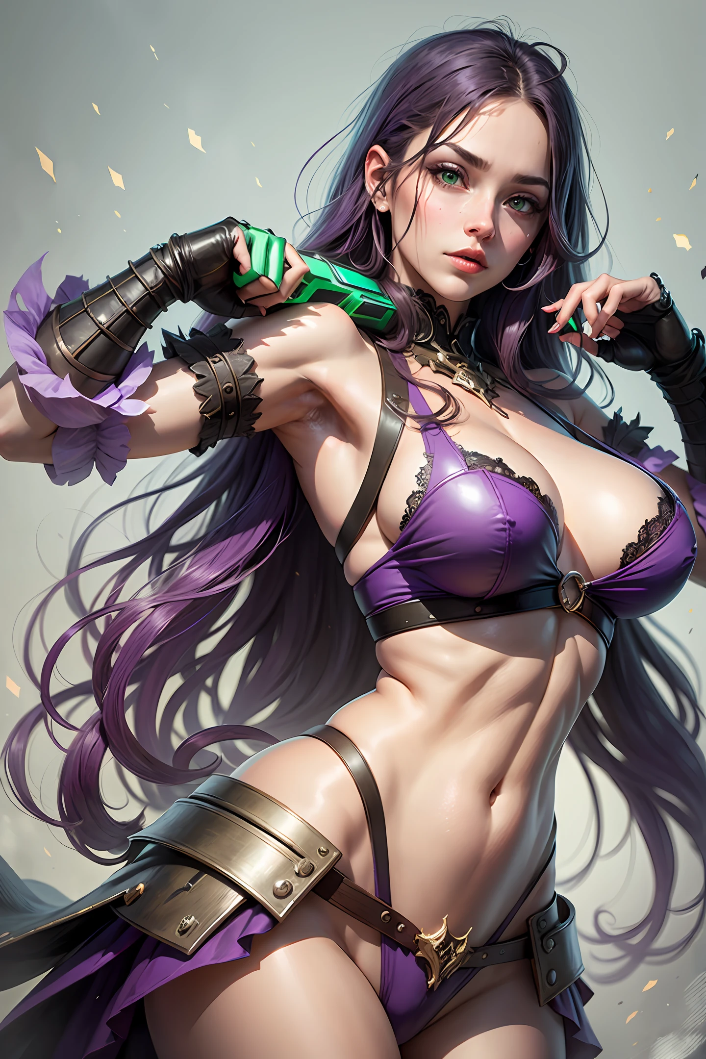 female demon hunter, realistic, double guns, purple long straight hair, green eyes --auto --s2