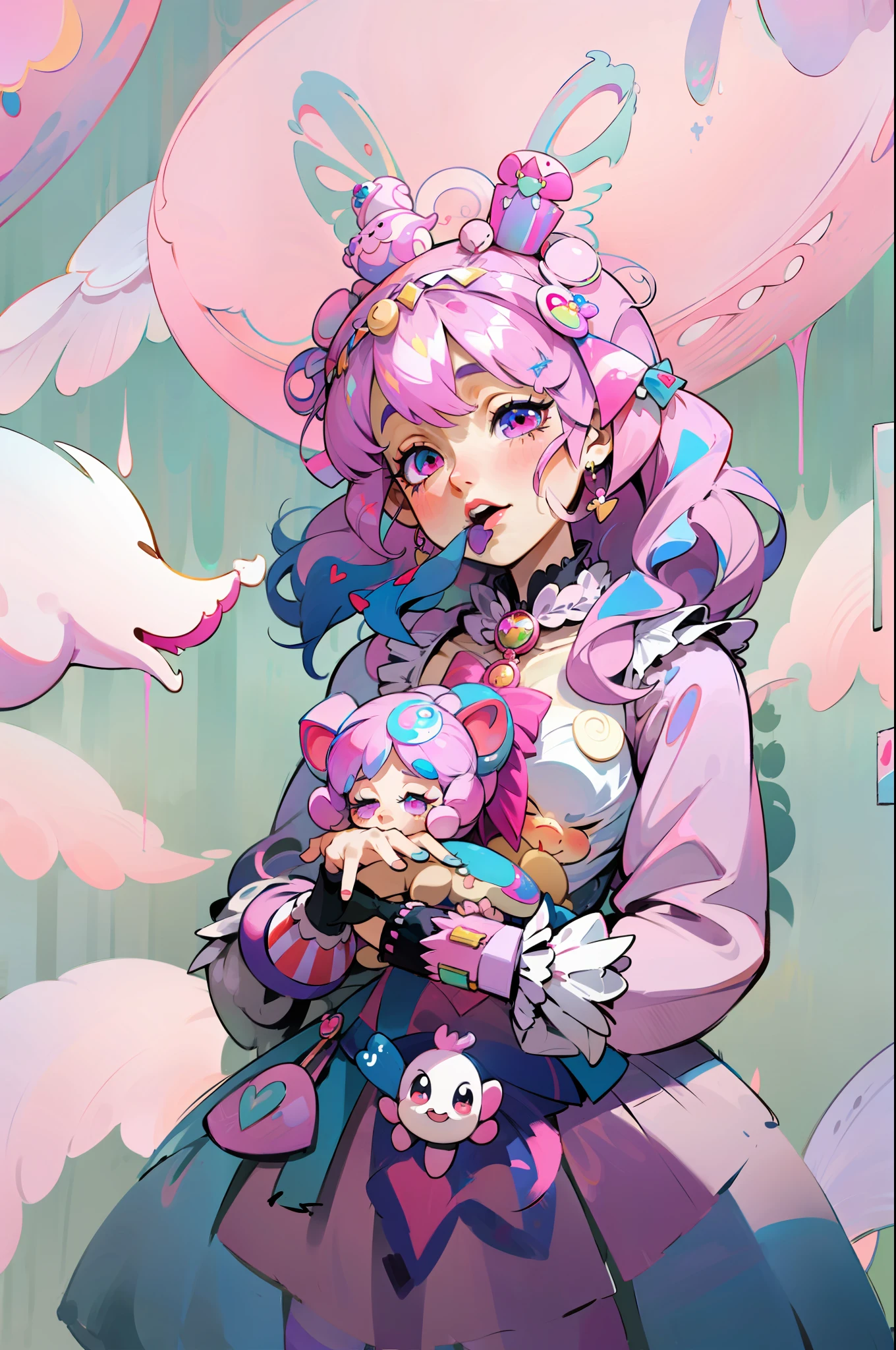 Imagen de una mujer con un vestido rosa sosteniendo un oso de peluche, Fairycore, Articulated doll with ball, Dulce conejita ultrarrealista, portrait of magical lolita girl, ddlc, style of magical girl, Beautiful pink alien girl, Estilo Lolita, rosa pastel, kawaii aesthetics, Angelic Pretty, loli, Moda Lolita, Chica rosa, uhd, 8k, 16k, (((masterpiece))), fantasy art