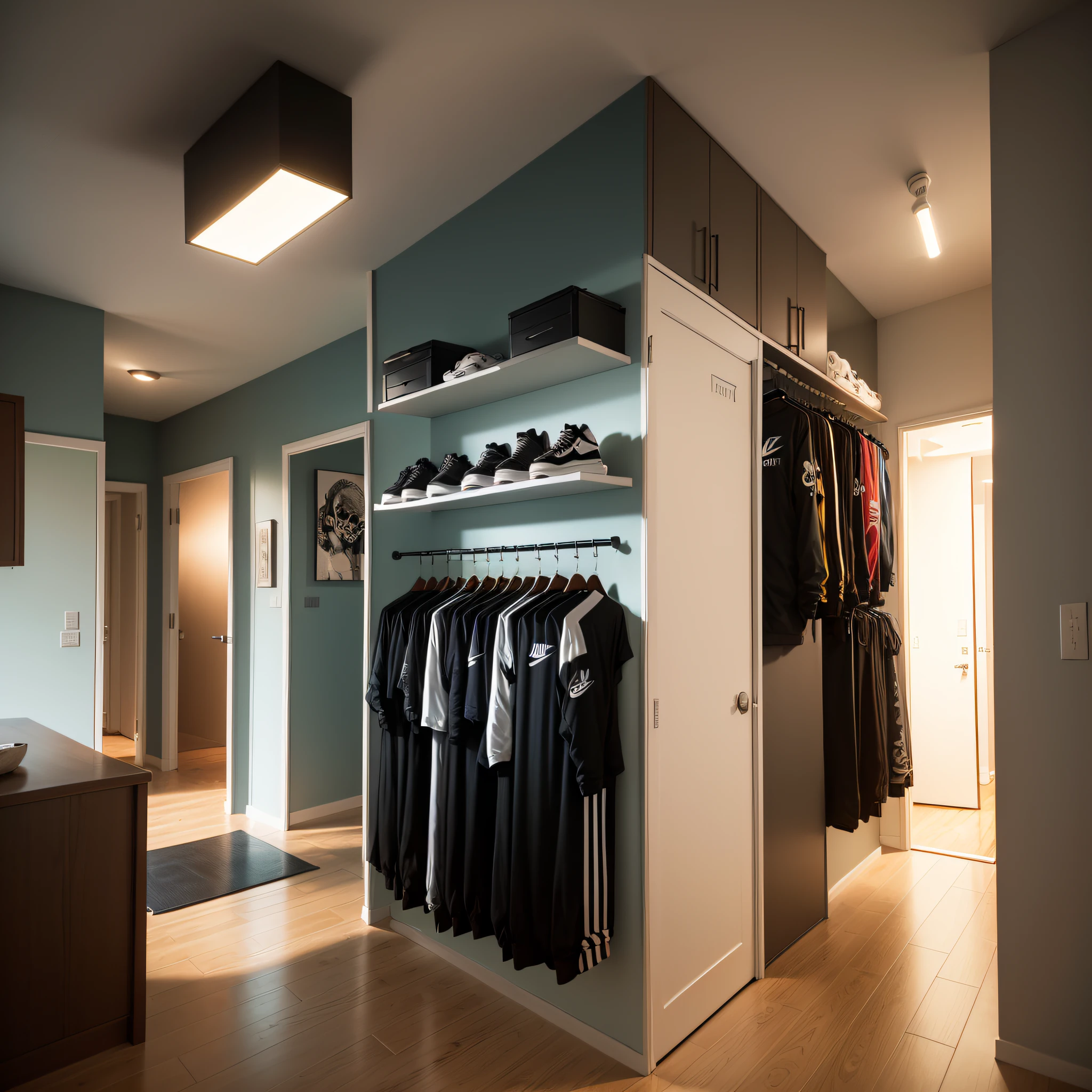 Quarto de solteiro moderno,4 skate pendurado na parede,guarda roupa com porta de correr e espelho,criado mudo preto,Skull lampshade lighting,Shelves with various Nike sneakers,guitarra. --auto