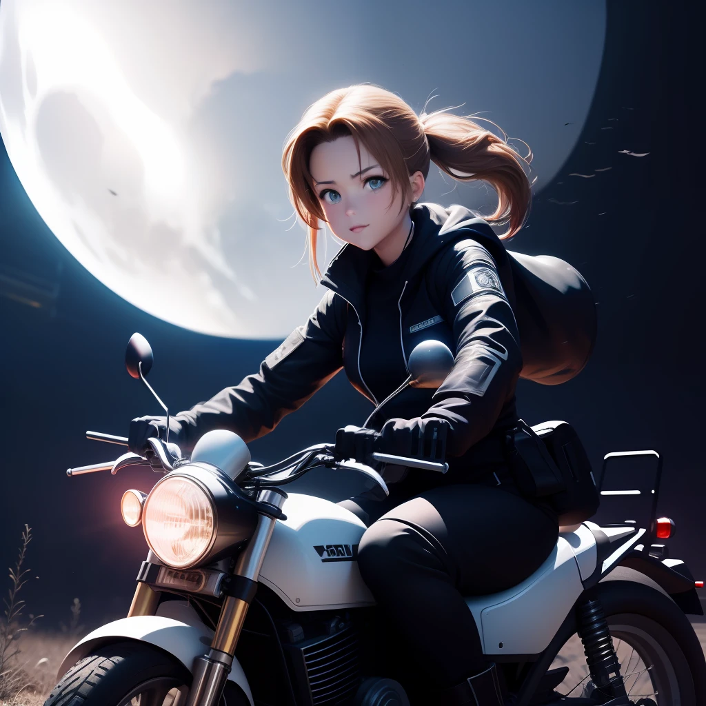 best quality, masterpiece, photo, 4K, photorealistic, highly detailed,
1girl riding motorcycle, techwear, cyberpunk city, solo, futuristic, huge moon in the background, black and white, by Akira Toriyama, closeup,