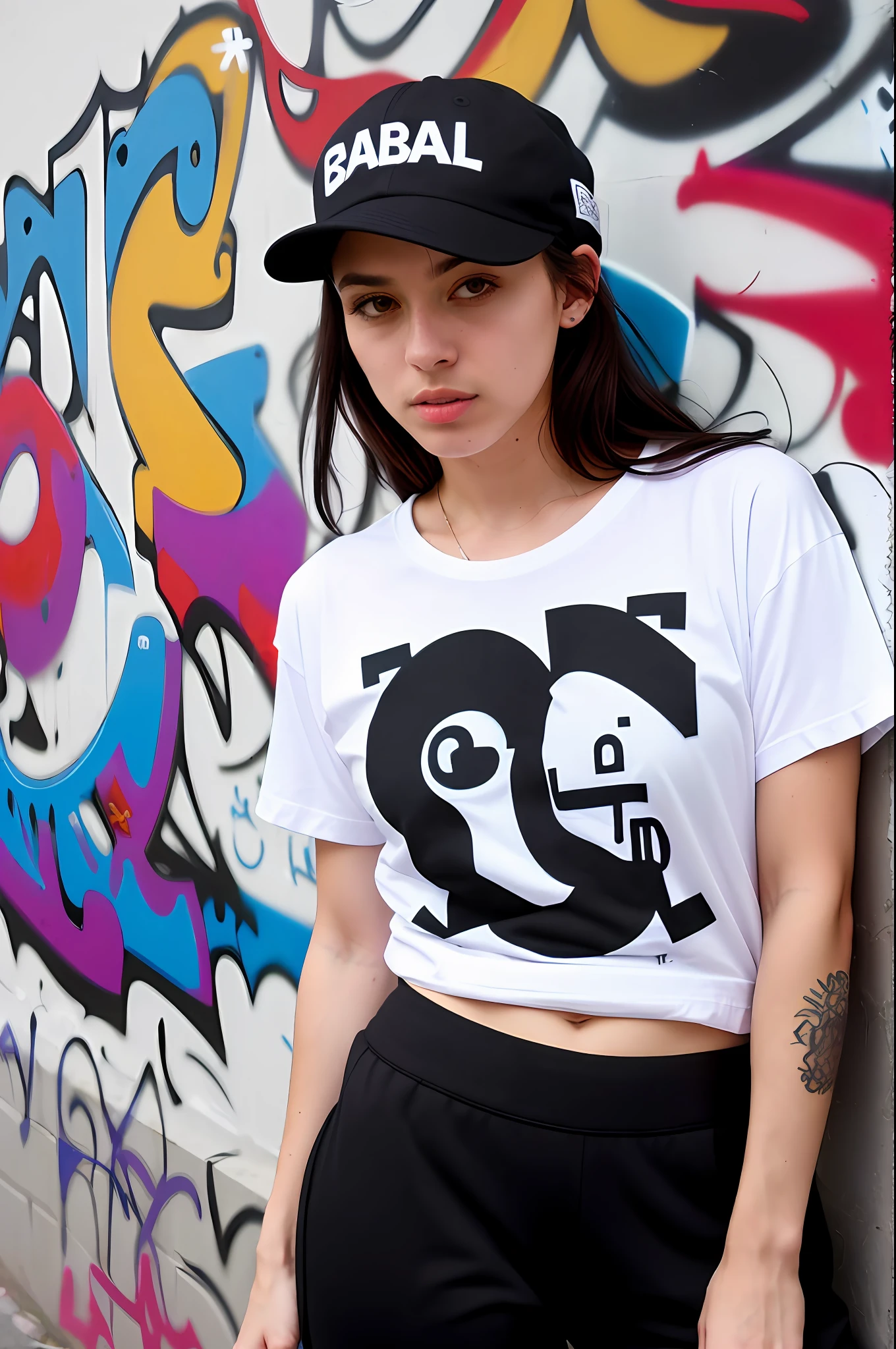 (masterpiece), (best quality:1.4), absurdres, [:intricate details:0.2], (beautiful detailed face:1.4), (full length tee-shirt), round neck plain Tee-shirt, long wavy hair, (white t-shirt), oversized jogger pants, Lean , (backstreet), (graffiti on the wall:1.2), (hiphop), (ball cap:1.2), black hair's, European young girl