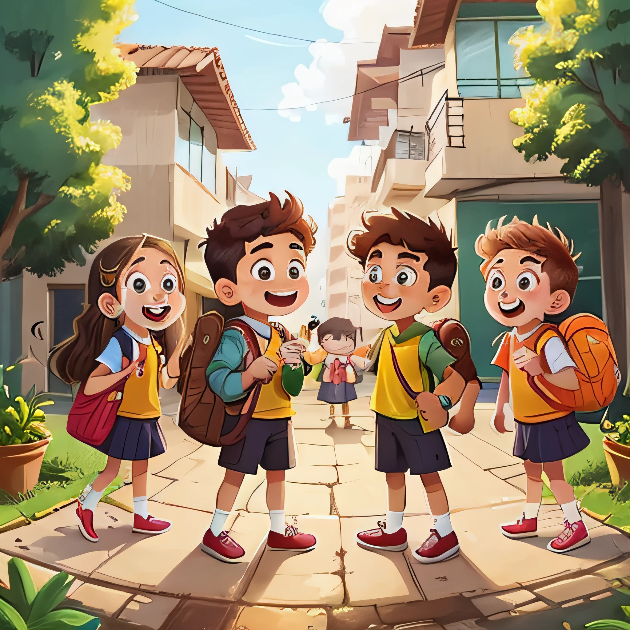 Um grupo de amigos no lado de fora da escola, e de fundo a escola