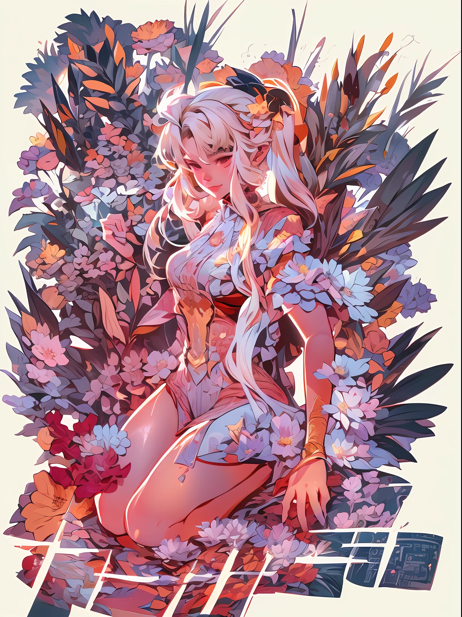 anime girl with long blonde hair sitting in a garden with flowers, jen bartel, rossdraws 1. 0, rossdraws pastel vibrant, rossdraws 2. 0, rossdraws 2. 5, rossdraws cartoon vibrant, inspired by rossdraws, alphonse mucha and rossdraws, lois van baarle and rossdraws, a beautiful artwork illustration,masterpiece, best quality, (extremely detailed CG unity 8k wallpaper), (best quality), (best illustration), (best shadow), absurdres, realistic lighting, (Abyss), beautiful detailed glow