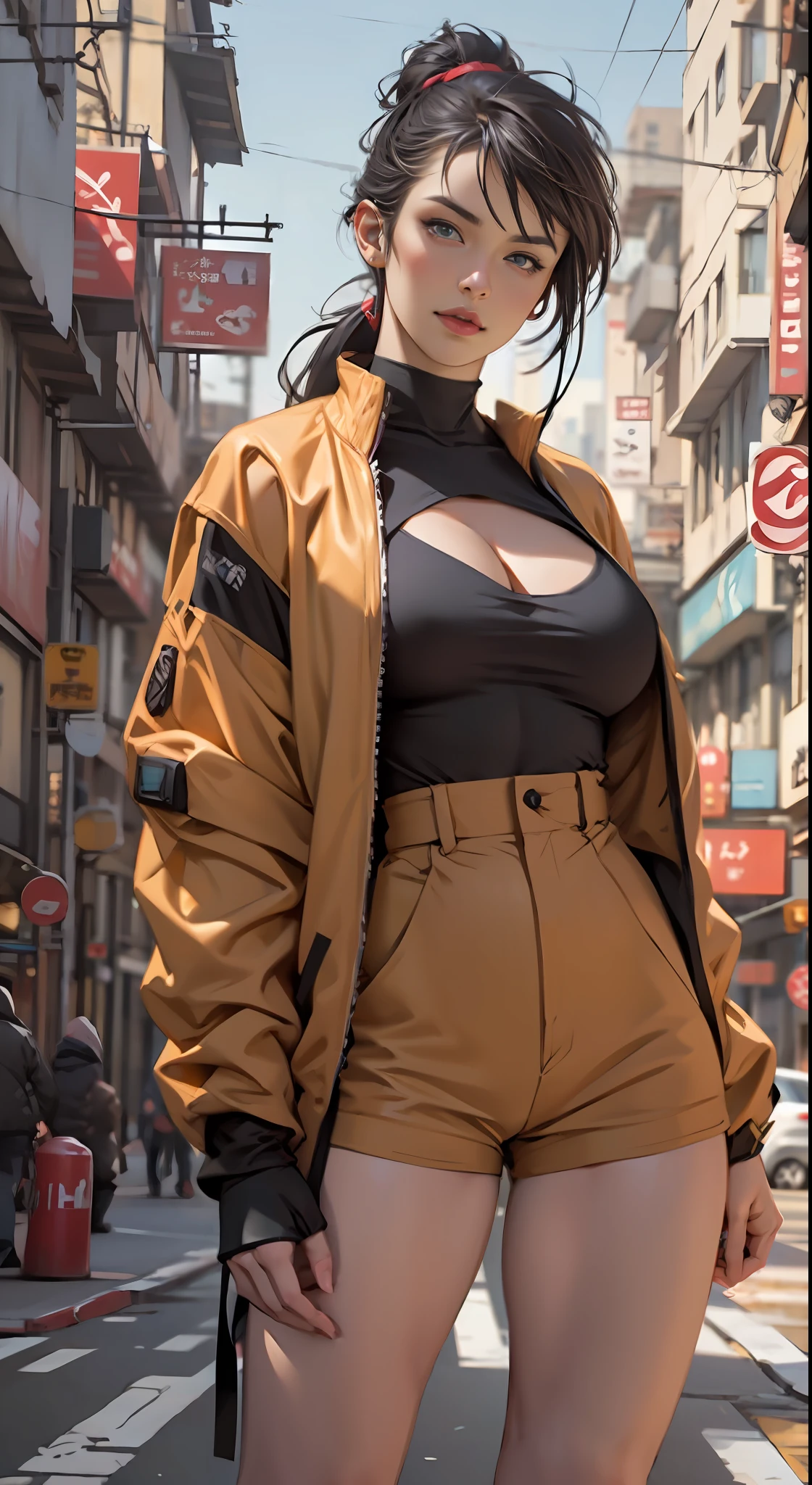 arafed beautyful lady in yellow jacket standing on street corner, pony tail, cleavage,(yellow colour) high-waist mini shorts cargo. cyberpunk city, standing tall, busty, in a city street, Shifted Bangs Japanese Haircut, wearing urban techwear, realistic depiction, standing in a city center, an ultra realistic, promo image, techwear look and clothes, in city street, hyper-realistic, hyper - realistic, wojtek fus, hyper realistic style