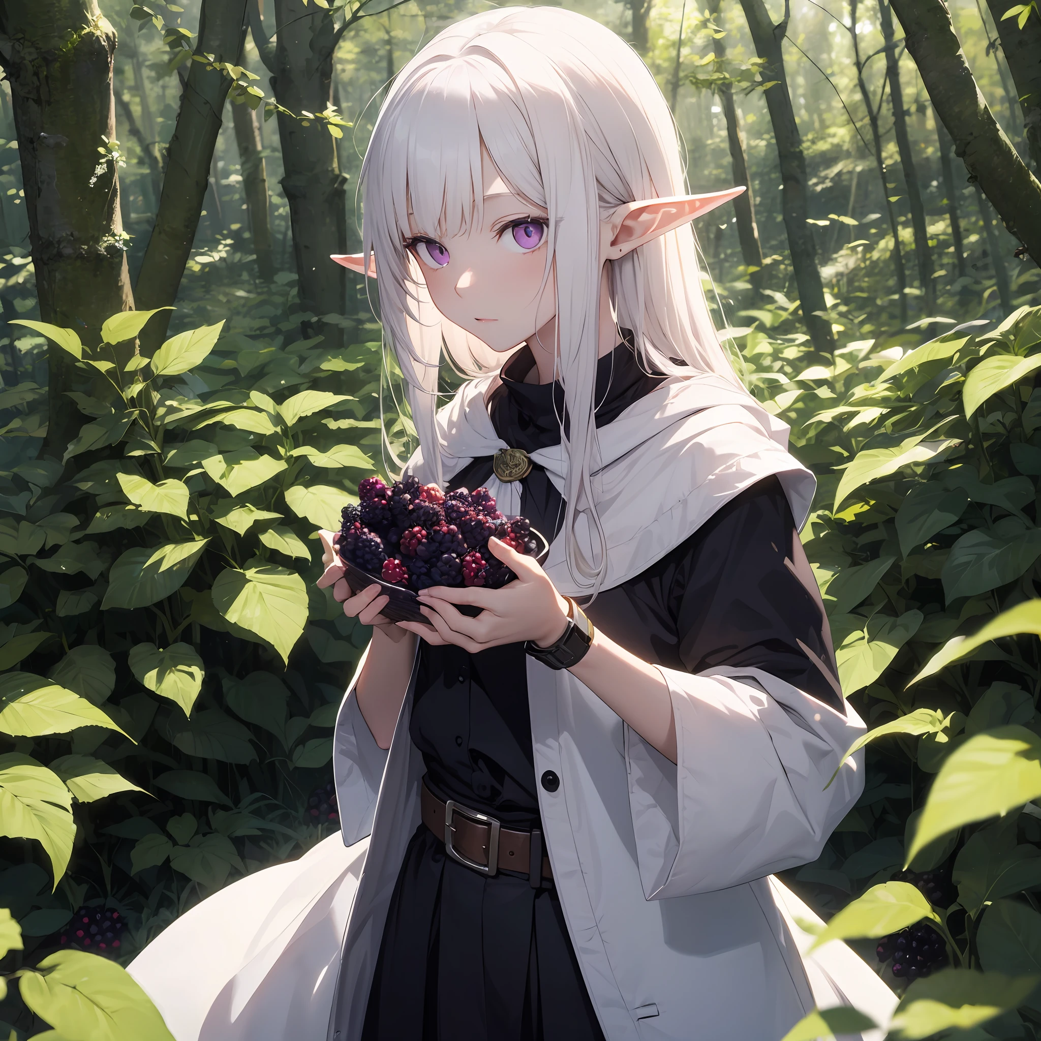 An albino elf with purple eyes picks blackberries in the forest --auto