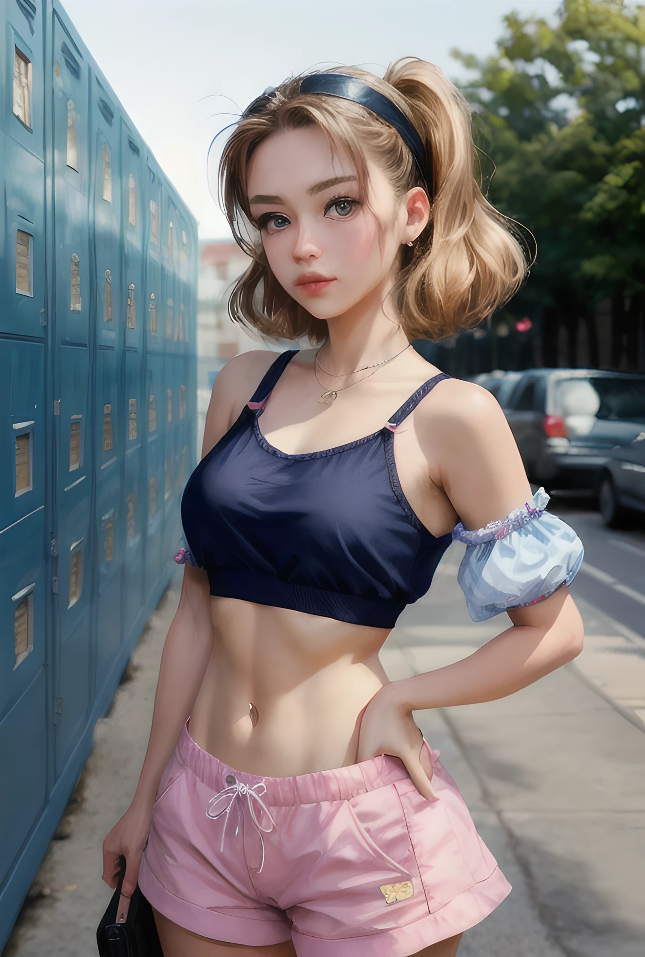 "Baby One More Time" | This is a nostalgic image bringing to mind the late 90s and early 2000s. Generate a confident, petite woman ((in the style of the 1995 movie Clueless)) holding a realistic disposable camera. She is dressed in a fashionable 90s ensemble, standing in front of personalized indoor school lockers adorned with stickers, photos, and notes. Her (((exquisitely detailed face))) reflects the artistry of the time. Her big eyes are realistic, hires, and realistically shaded. The retro lockers are decorated with 90s and Y2K aesthetics, including ephemera such as photos and stickers. Capture the essence in a stunning watercolor style, with an over-the-shoulder shot by Alex Maleev using professional-grade equipment for sharp, bokeh-filled, studio-quality results. Experiment with a fisheye lens for a unique perspective. Include flowers and a belly button piercing for added retro vibes. The composition should evoke reverence for the 90s with an extraordinary touch. (1woman:1.4), (solo:1.2), small breasts, beautiful eyes, (disheveled hair), photography, over-the-shoulder shot, by Alex Maleev, professional, canon camera, nikon camera, sharp, bokeh, studio quality, fisheye lens, by Robert Capa, flowers, belly button piercing, 90s vibes, retro, influences from the past 90s.