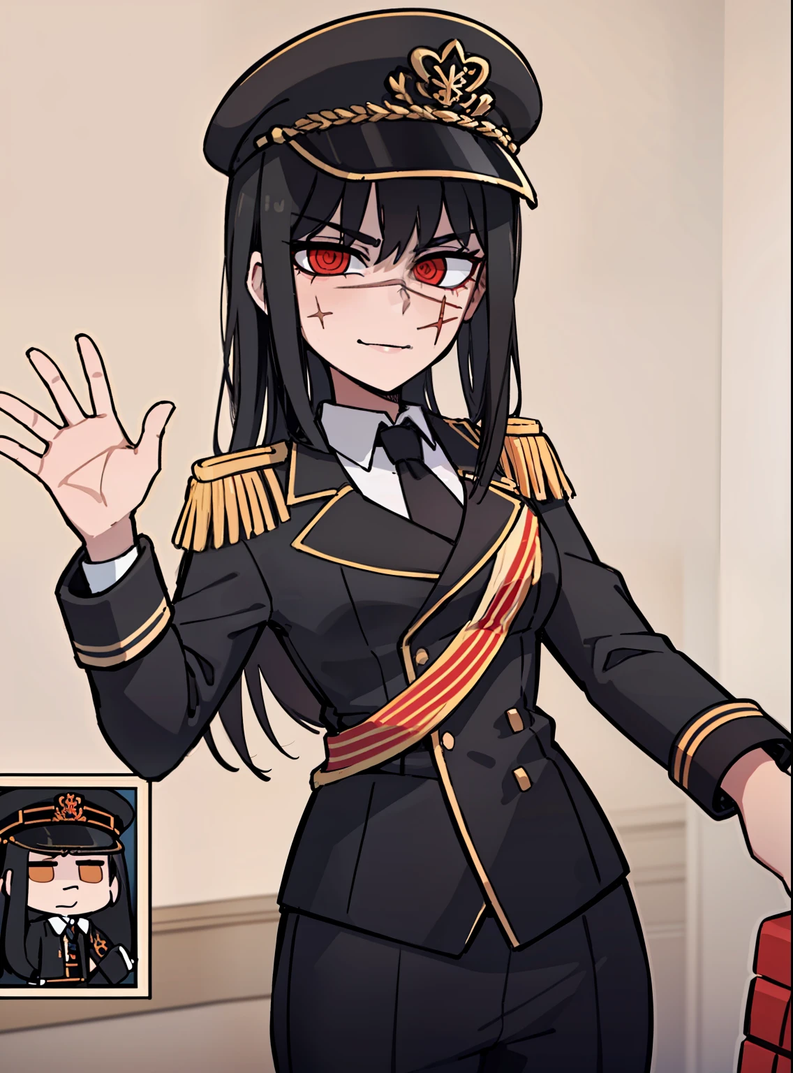 (masterpiece, best quality: 1.2), Solo, 1girl, Yoru \(Chainsaw Man\), looking at the viewer, different poses, red eye, long hair, completely black hair, reference to clothing of a German WWII general, black long sleeves (best quality), scar on face, beautiful eyes, has only 2 arms, has war medals on his clothes, Black Military Cap, Golden Eagle Medal on Clothing,  (Wallpaper), (8K HD), (8K HD), Golden Shoulder Pads, Sprites, 1 Single Design (masterpiece, best quality: 1.2), Solo, 1girl, Yoru \(Chainsaw Man\), looking at the viewer, smile, happy, different poses, red eye, long hair, completely black hair, reference to clothing of a German WWII general, black long sleeves (best quality), scar on face,  beautiful eyes, has only 2 arms, has war medals on his clothes, black military cap, golden eagle medal on clothing, (wallpaper), (8K HD), (8K HD), (8K HD), golden shoulder pads, sprites, 1 single design