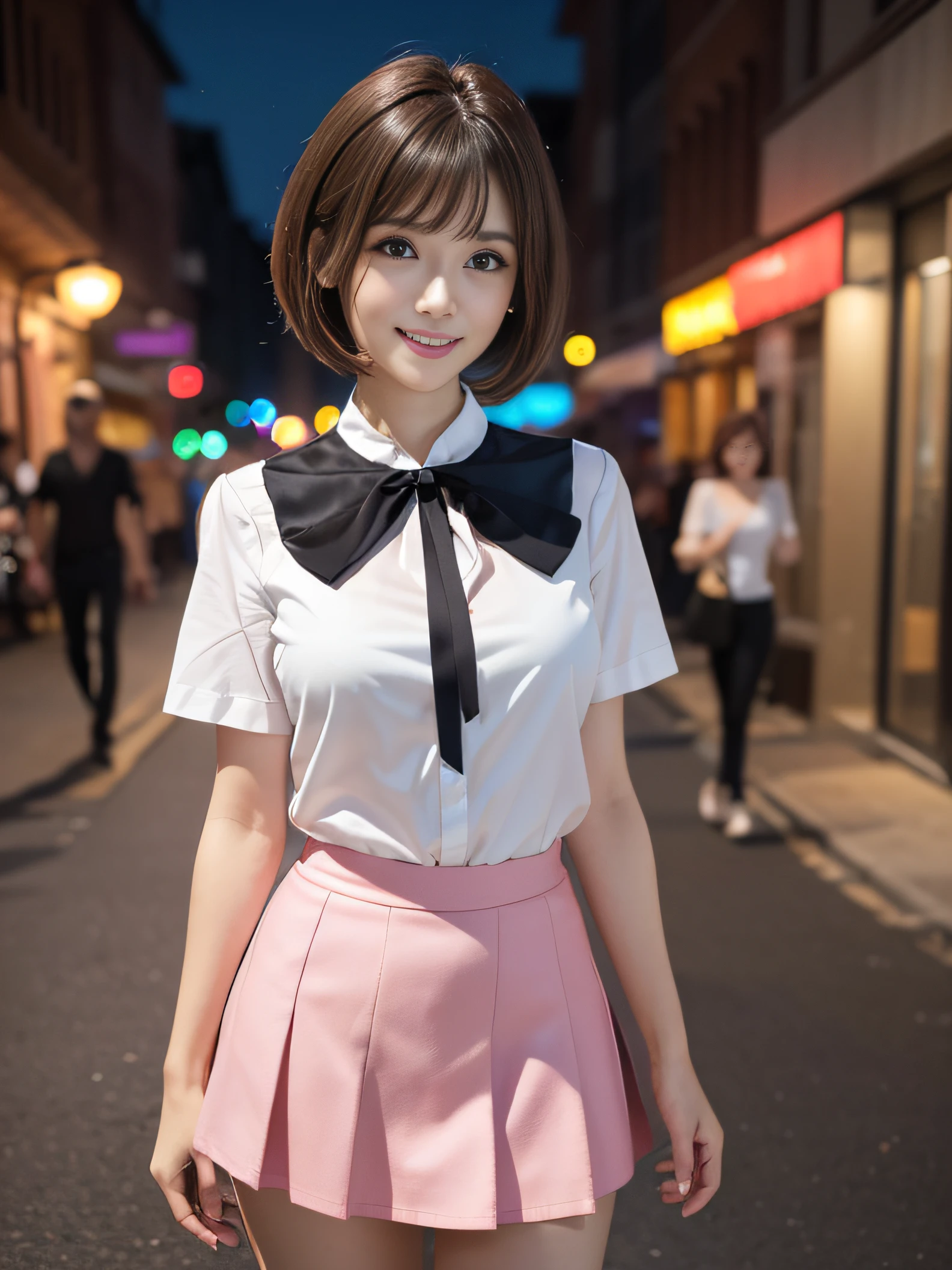(realistic, photo-realistic:1.37), (masterpiece), (best quality:1.4), (ultra high res:1.2),(RAW photo:1.2), (sharp focus:1.3), (face focus:1.2), elegant, classy, (full body:1.2), (1girl:1.3), extremely cute and beautiful, ((white blouse short sleeves :1.3)), (short sleeves) ((pink mini skirt)), (33yo:1.1), (happy smile:1.3), (brown hair:1.3), (short hair) ,(bangs hair) standing, (large breast:1.15), scenery, (midnight street background :1.2), bangs, beautiful detailed eyes, looking at viewer, (extremely cute and beautiful), (no makeup), clean face, breathing, perfect anatomy, perfect proportion, detailed human body, dark midnight street background, oscuro lighting, dark