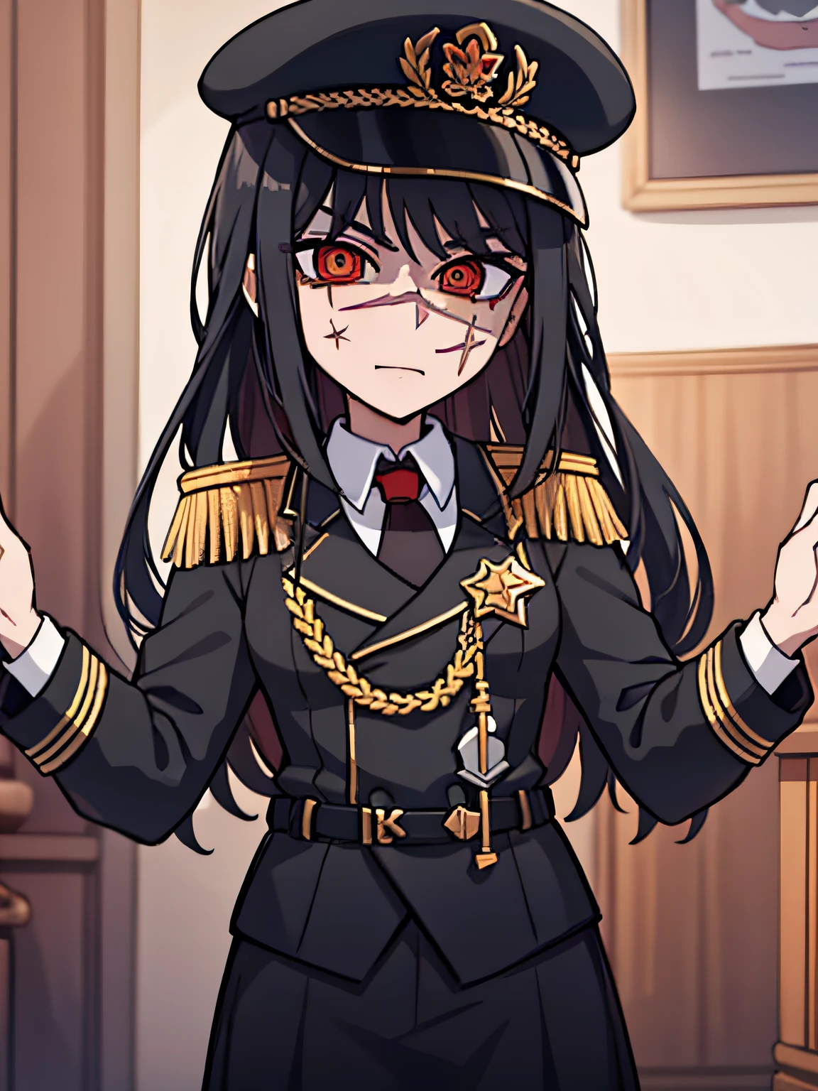 (masterpiece, best quality: 1.2), Solo, 1girl, Yoru \(Chainsaw Man\), looking at the viewer, different poses, red eye, long hair, completely black hair, reference to clothing of a German WWII general, black long sleeves (best quality), scar on face, beautiful eyes, has only 2 arms, has war medals on his clothes, Black Military Cap, Golden Eagle Medal on Clothing, (Wallpaper), (8K HD), (8K HD), Golden Shoulder Pads, Sprites, 1 Single Design (obra maestra, mejor calidad: 1.2), Solo, 1girl, Yoru \(Chainsaw Man\), mirando al espectador, sonrisa, feliz, diferentes poses, cuerpocompleto, cuerpo dentro de la vision de la foto, ojos rojos, cabello largo, cabello completamente negro, reference to clothing of a German general from World War II, mangas largas negras (mejor calidad), cicatriz en la cara, hermosos ojos, tiene solo 2 brazos, tiene medallas de guerra en su ropa, Gorra militar negra, Golden Eagle Medal in Dress, (fondo de pantalla), (8K HD), (8K HD), hombreras doradas, sprites, 1 single design