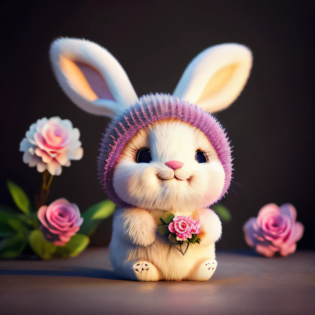 bunny, bunny, flower, nature, no_humans, depth of field, to8contrast style, DARK_Glam, wearing DRK_Glam, deep shadows, (dark: 1.4), (8k, RAW photo, best quality, masterpiece: 1.2), laughing, cute
